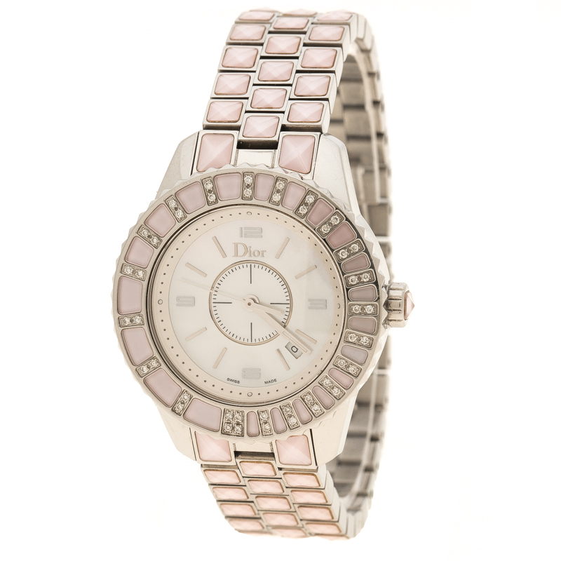 مملوكة مسبقًا Dior Pink Mother of Pearl Diamond Studded Stainless Steel Christal Women's Wristwatch 33 mm