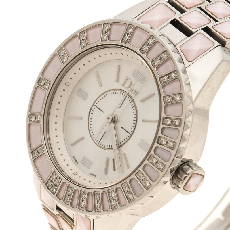 Dior Pink Mother of Pearl Diamond Studded Stainless Steel Christal ...