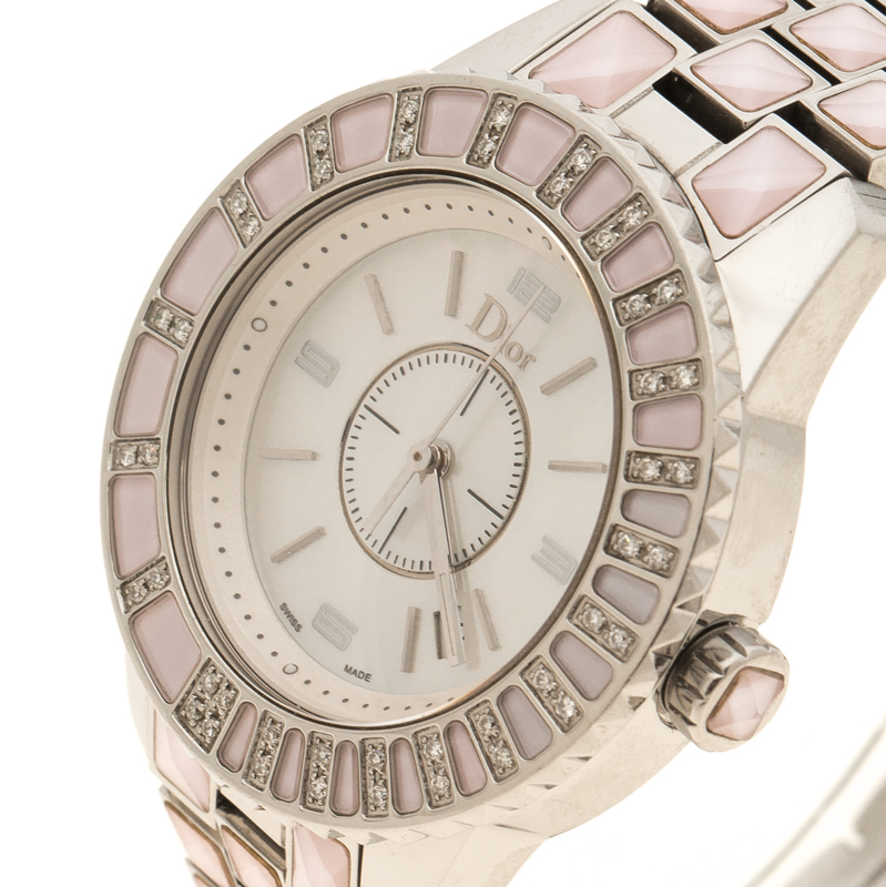 Dior Pink Mother of Pearl Diamond Studded Stainless Steel Christal