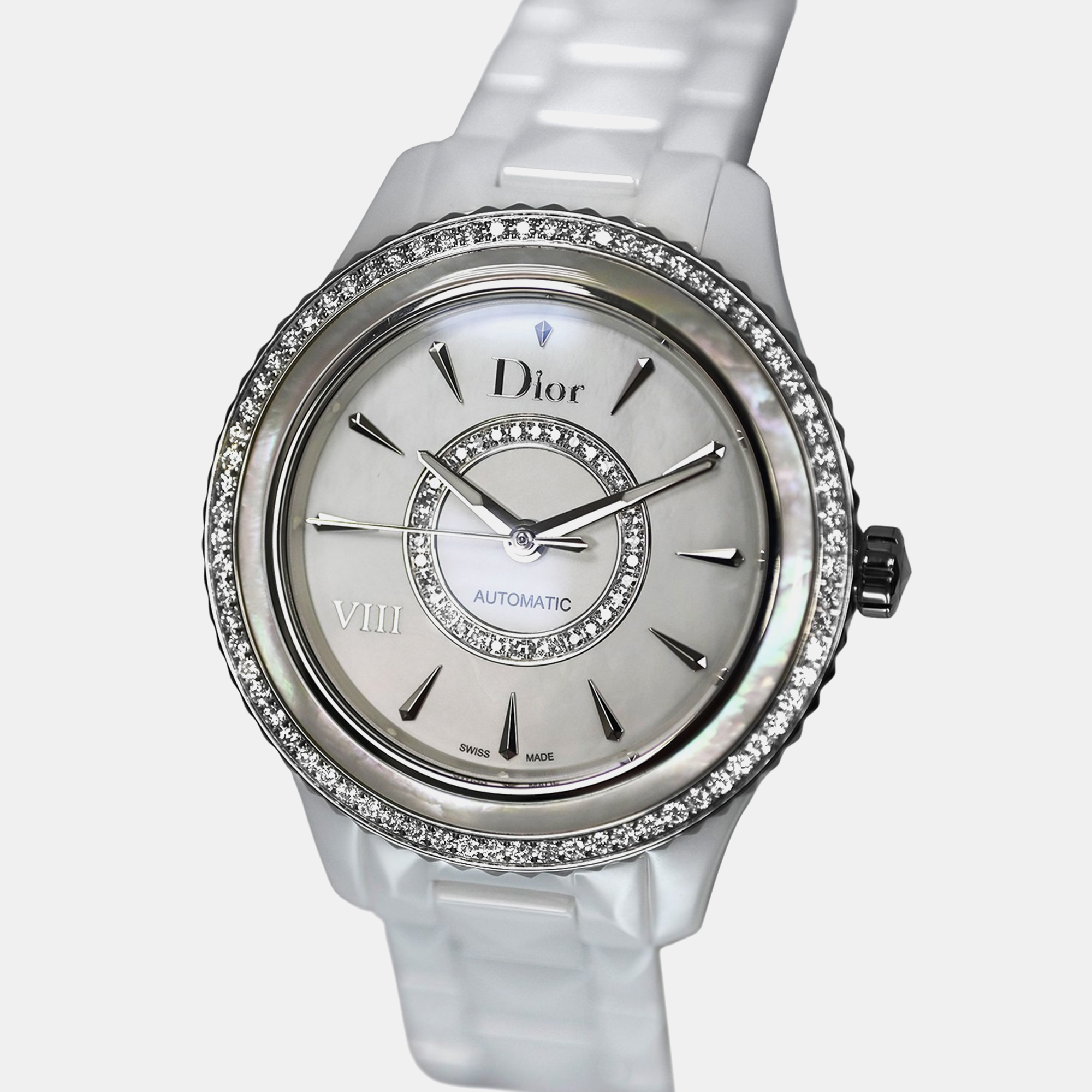 Pre-owned Dior Christian  Viii Montaigne Cd1245e9c001 Quartz White Diamond Mother Of Pearl Ceramic Women's Wris