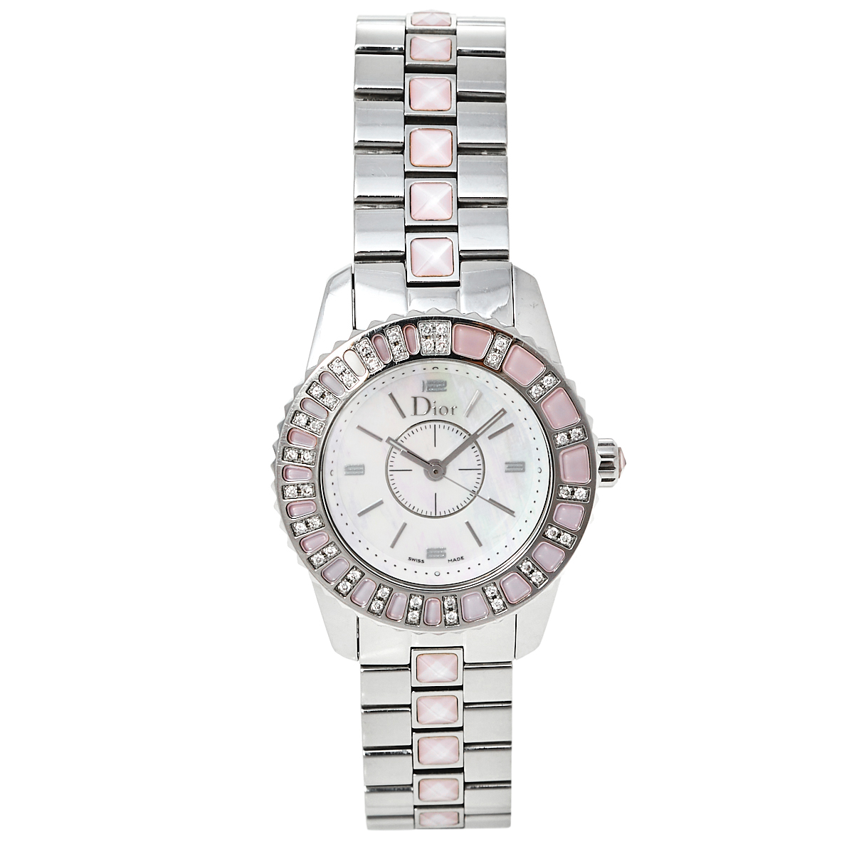 Click to view more detailed imagery on our partner's website Pre-owned Dior Mother Of Pearl Stainless Steel Diamonds Christal Cd112111m001 Women's Wristwatch 28 Mm In White