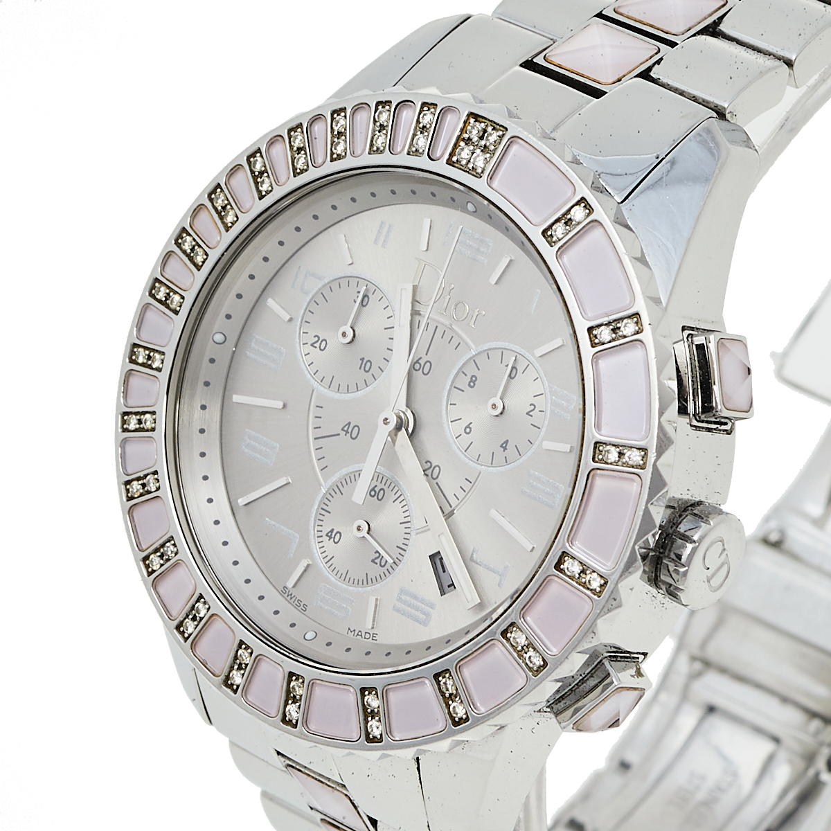 

Dior Silver Stainless Steel Diamond Studded Pink Sapphire Christal CD114315M001 Women's Wristwatch