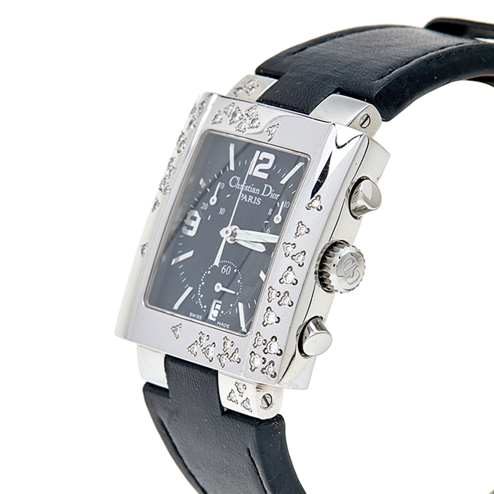 

Christian Dior Black Stainless Steel Leather Diamond Riva D81-101 Women's Wristwatch