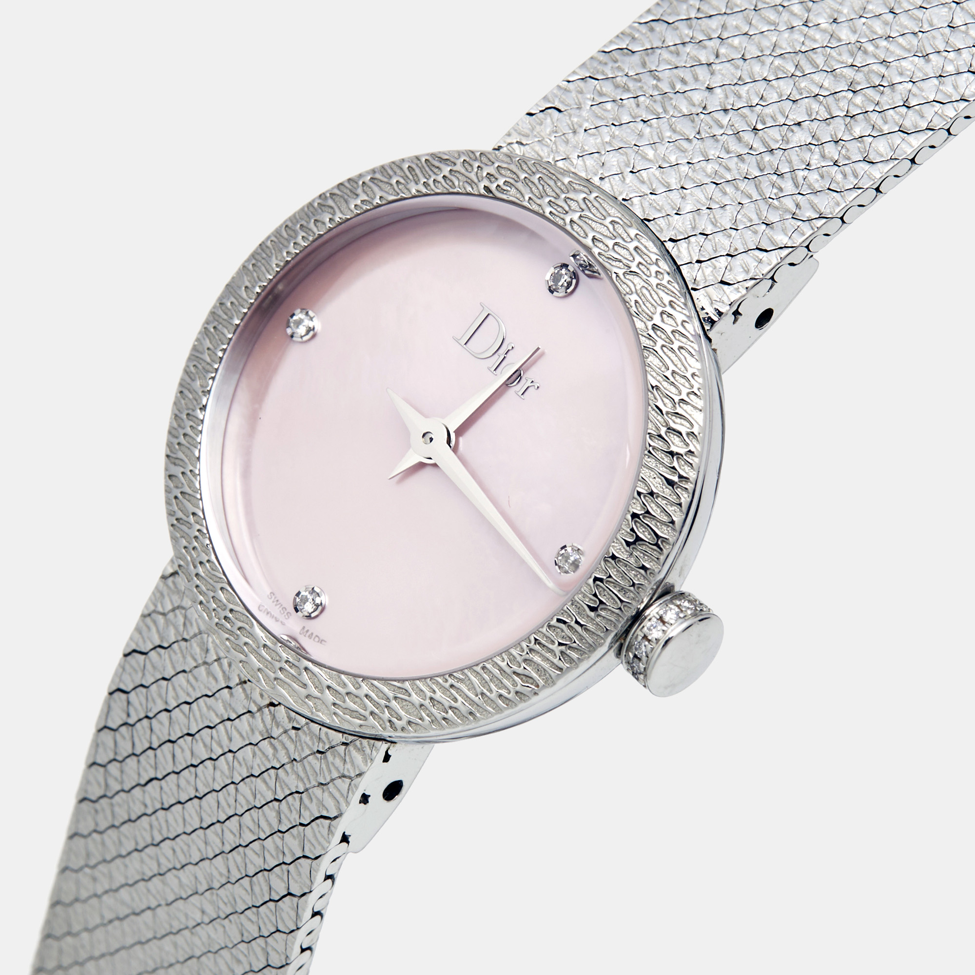 

Dior Pink Mother of Pearl Stainless Steel Diamond La D De Dior Satine CD047112M002 Women's Wristwatch