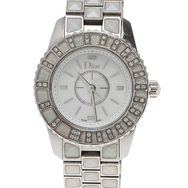 Pre Owned Dior White Stainless Steel Christal Women's Wristwatch 27MM