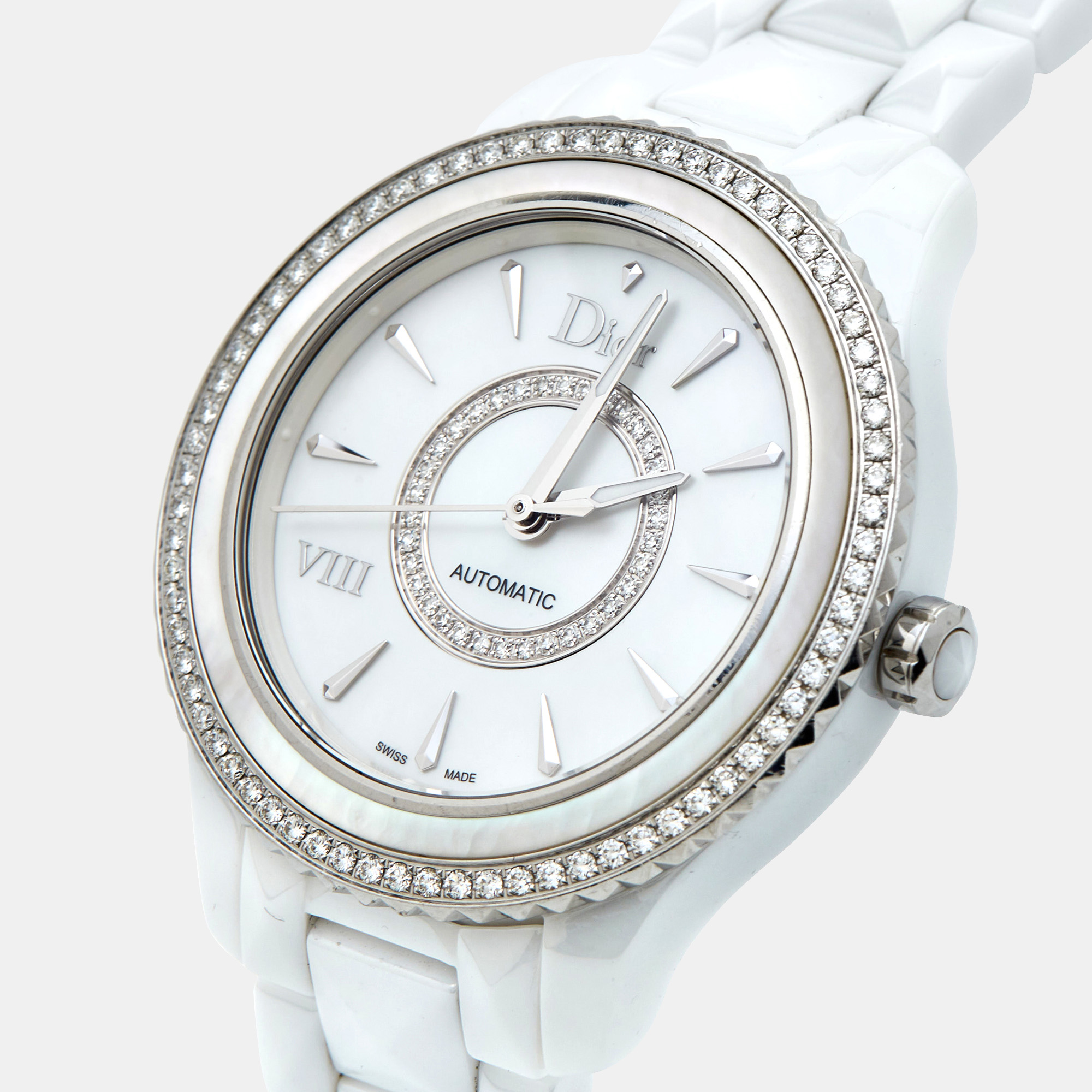 

Dior White Mother of Pearl Diamond Ceramic Stainless Steel Dior VIII CD1245E9C001 Women's Wristwatch