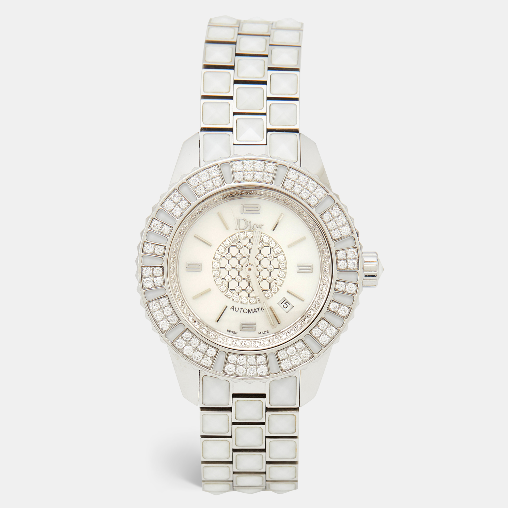 Pre-owned Dior Mother Of Pearl Diamonds Stainless Steel Christal Cd113512m001 Women's Wristwatch 33 Mm In Silver