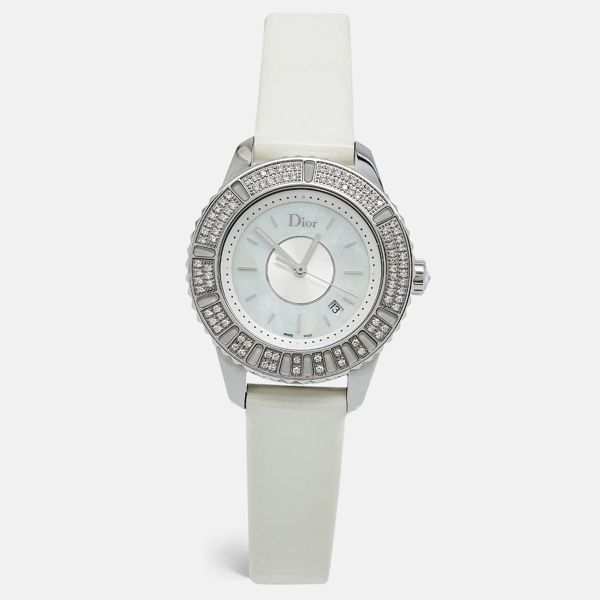 

Dior Mother of Pearl Stainless Steel Leather Diamond Christal CD11311C Women's Wristwatch, White