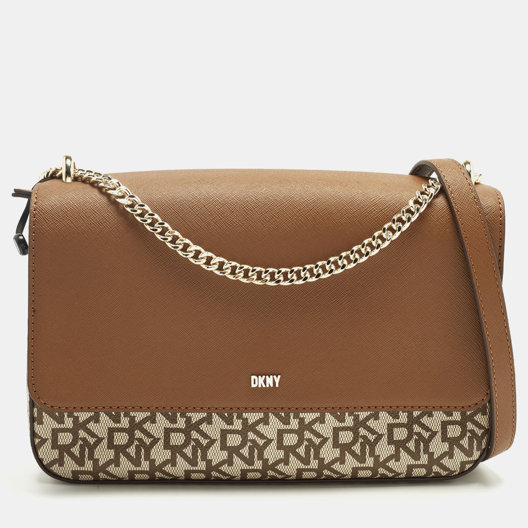 Pre-owned Dkny Bryant Park Medium Brown/beige Signature Faux Leather Flap Shoulder Bag