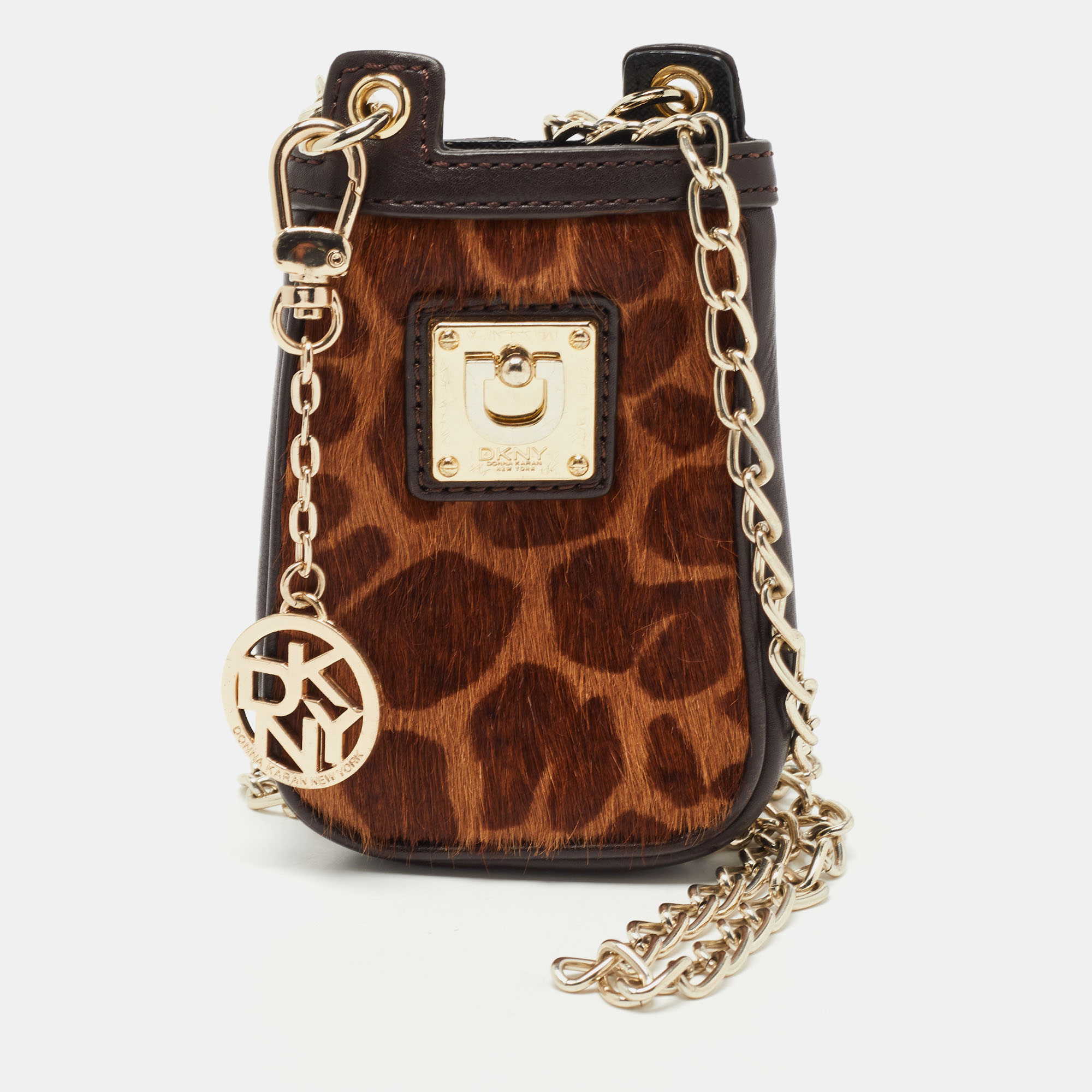 

DKNY Brown Leopard Print Calfhair and Leather Chain Phone Case