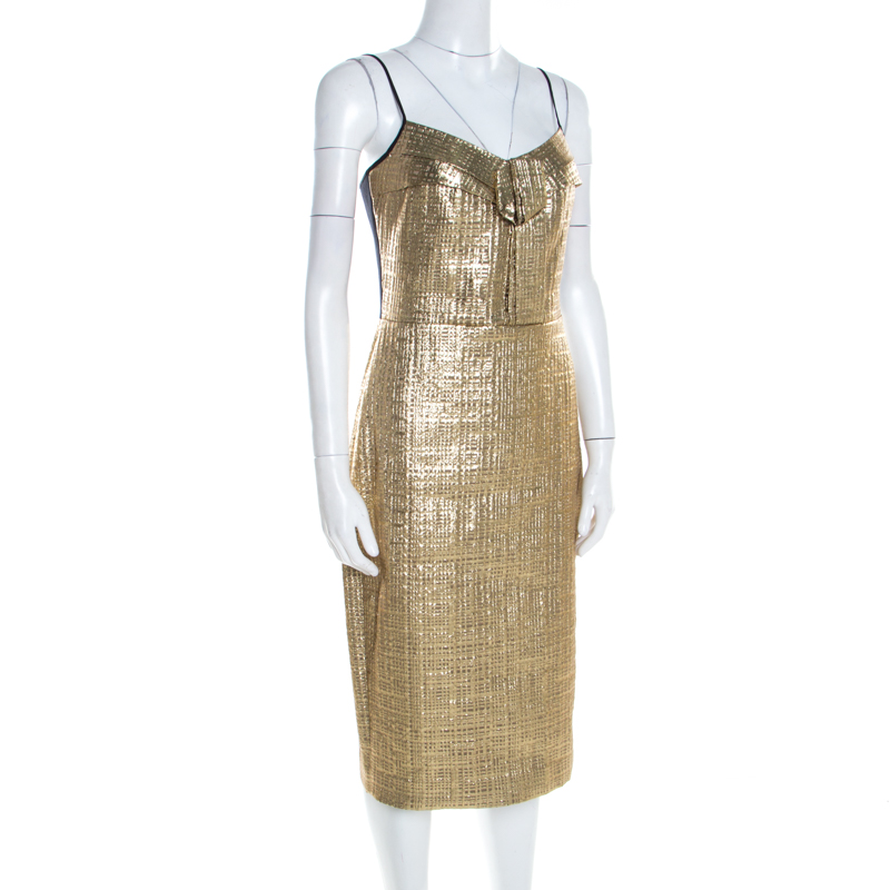 

DKNY Metallic Gold Jacquard Basketweave Pleated Bodice Sleeveless Cocktail Dress