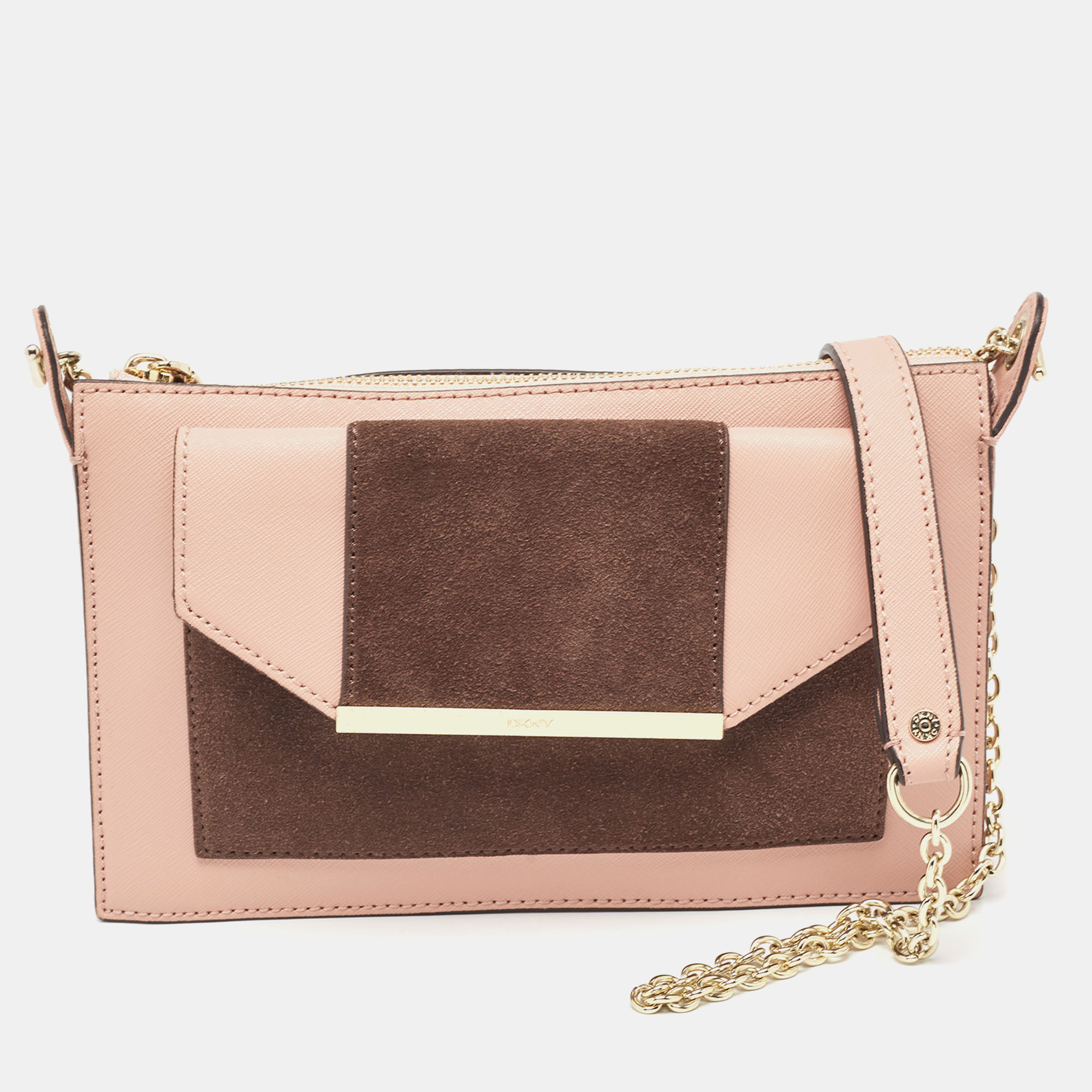 

DKNY Pink/Brown Leather and Suede Bryant Park Saffia Chain Bag