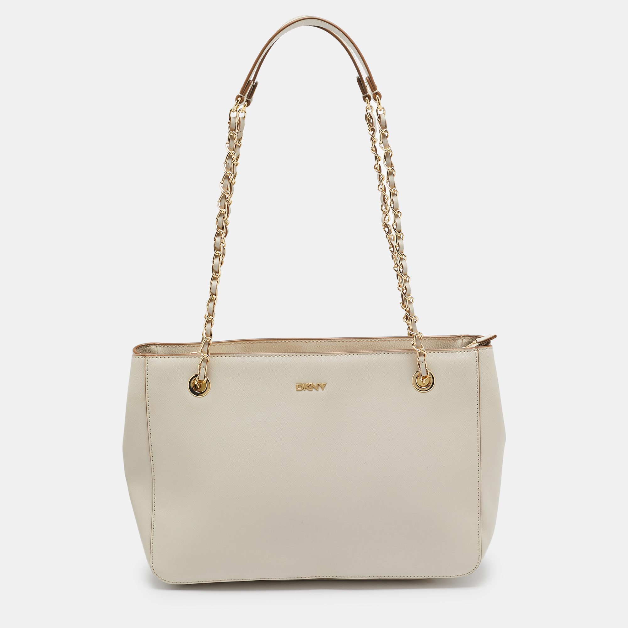 

DKNY Ivory Leather Top Zip Chain Tote, White