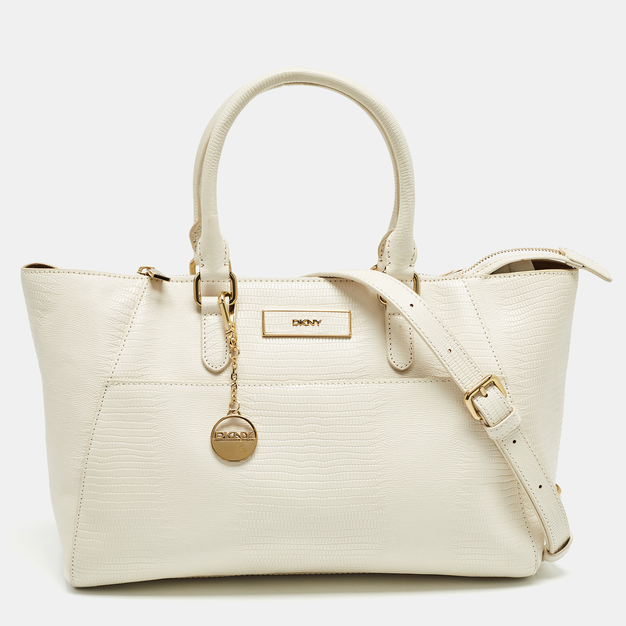 

DKNY Off White Lizard Embossed Leather Top Zip Tote