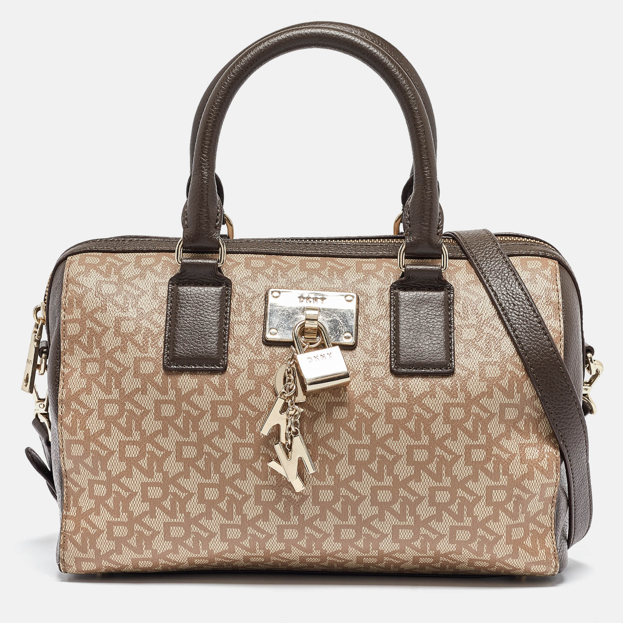 

DKNY Brown/Beige Monogram Coated Canvas and Leather Lock Charm Boston Bag