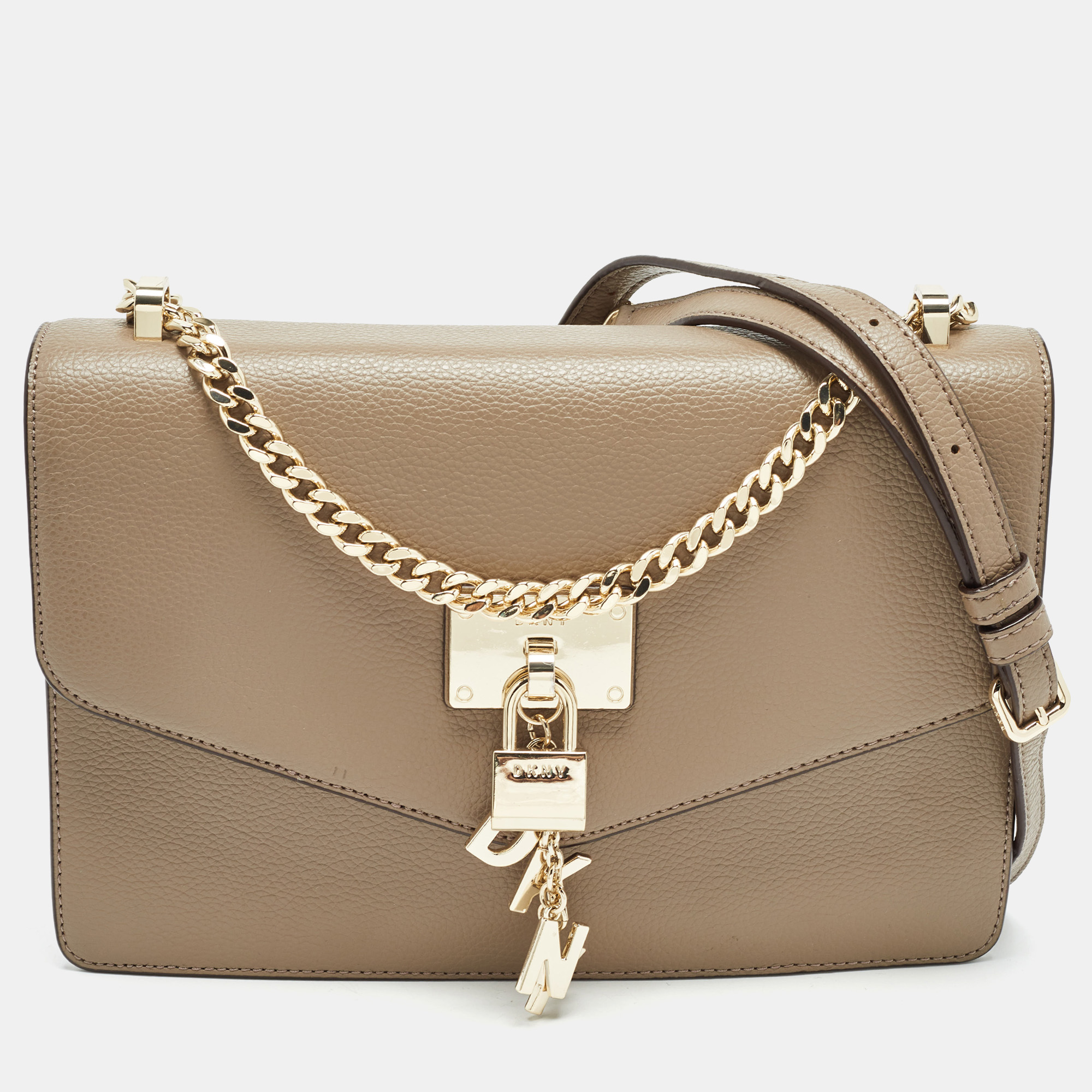 

DKNY Dark Beige Leather Elissa Flap Shoulder Bag