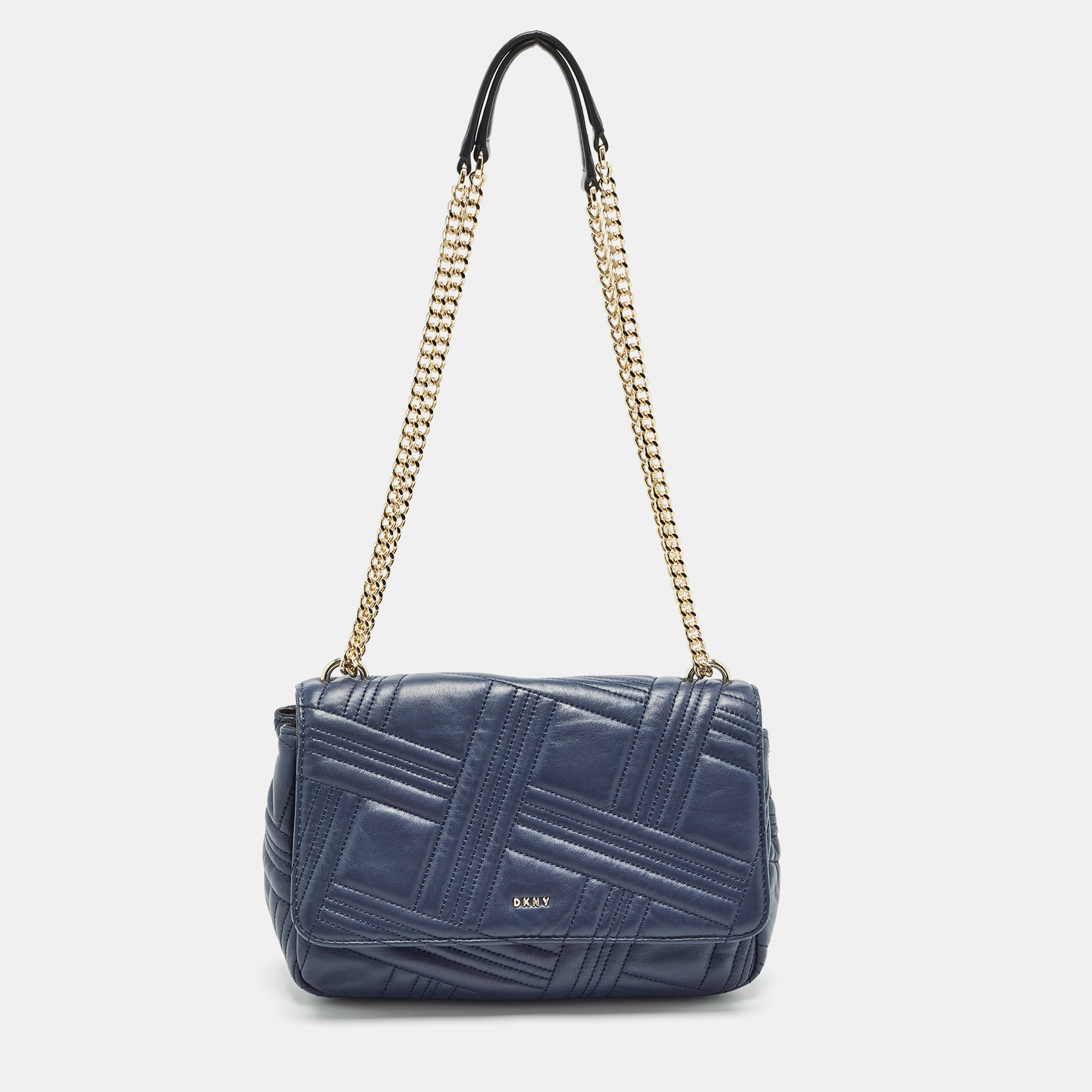 Pre-owned Dkny Navy Blue Quilted Leather Allen Flap Shoulder Bag