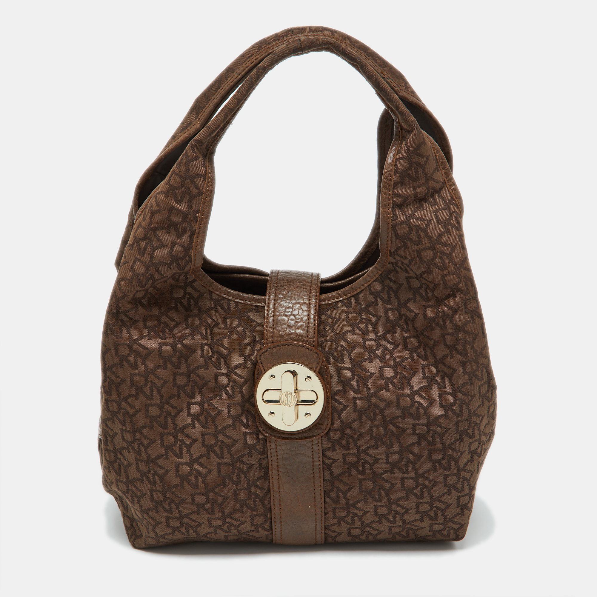 Pre-owned Dkny Brown Signature Canvas And Croc Embossed Leather Push Lock Hobo