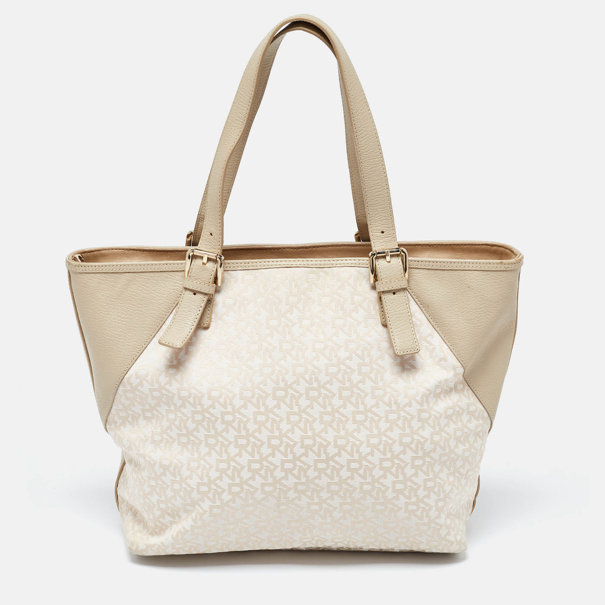 

Dkny Cream/Beige Monogram Canvas and Leather Zip Tote