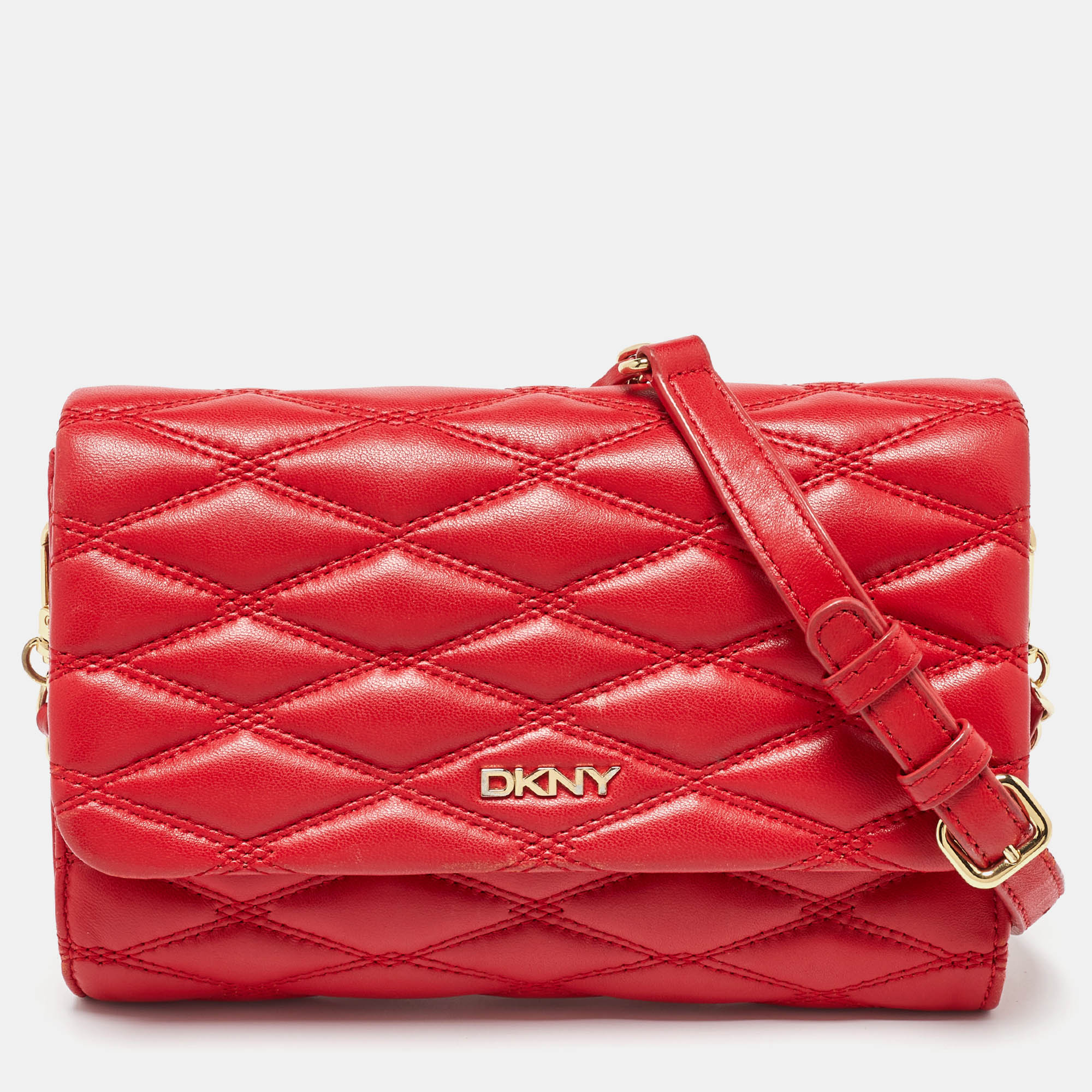 

Dkny Red Quilted Leather Flap Chain Crossbody Bag