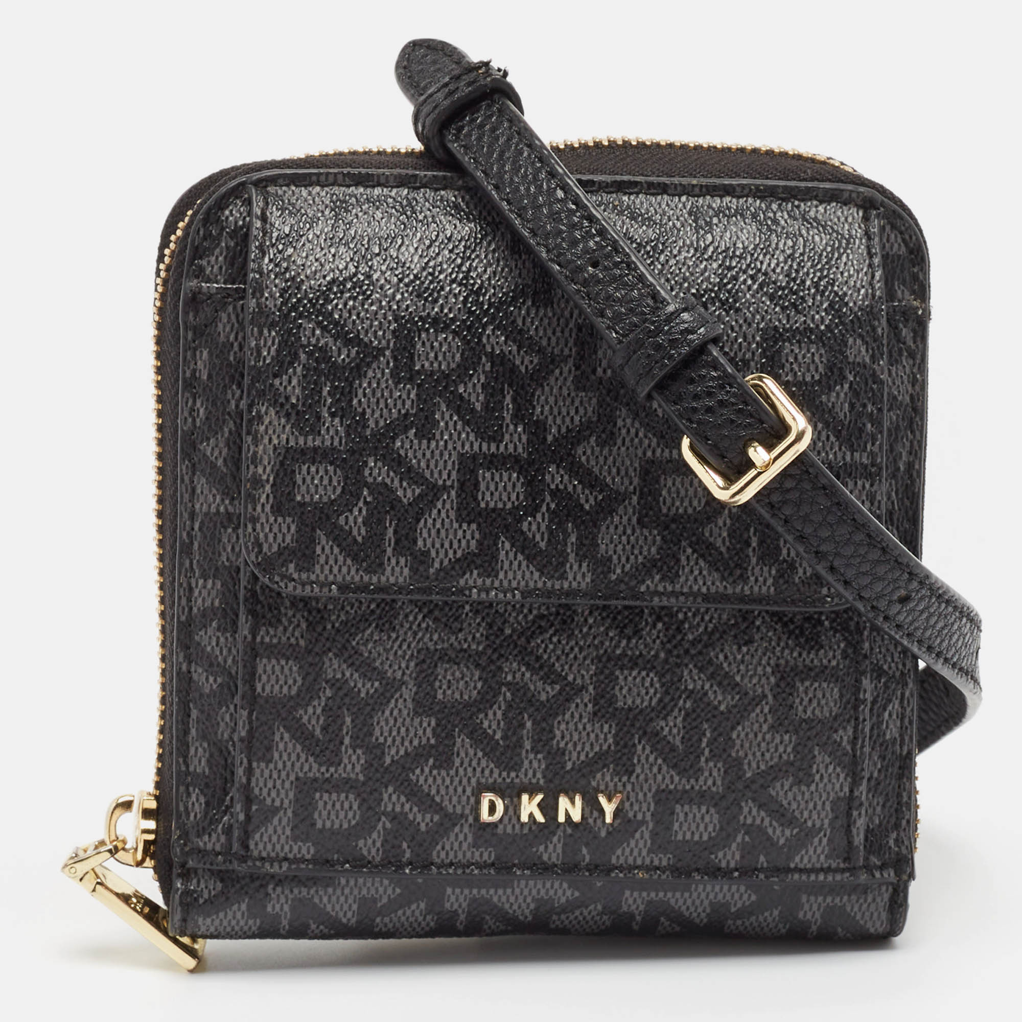 Pre-owned Dkny Black/grey Signature Coated Canvas Mini Zip Around Olive Crossbody Bag