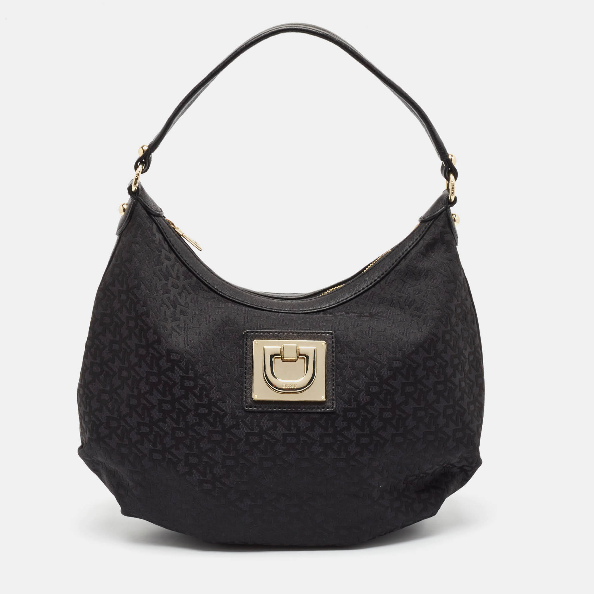 

Dkny Black Monogram Canvas and Leather Zip Hobo