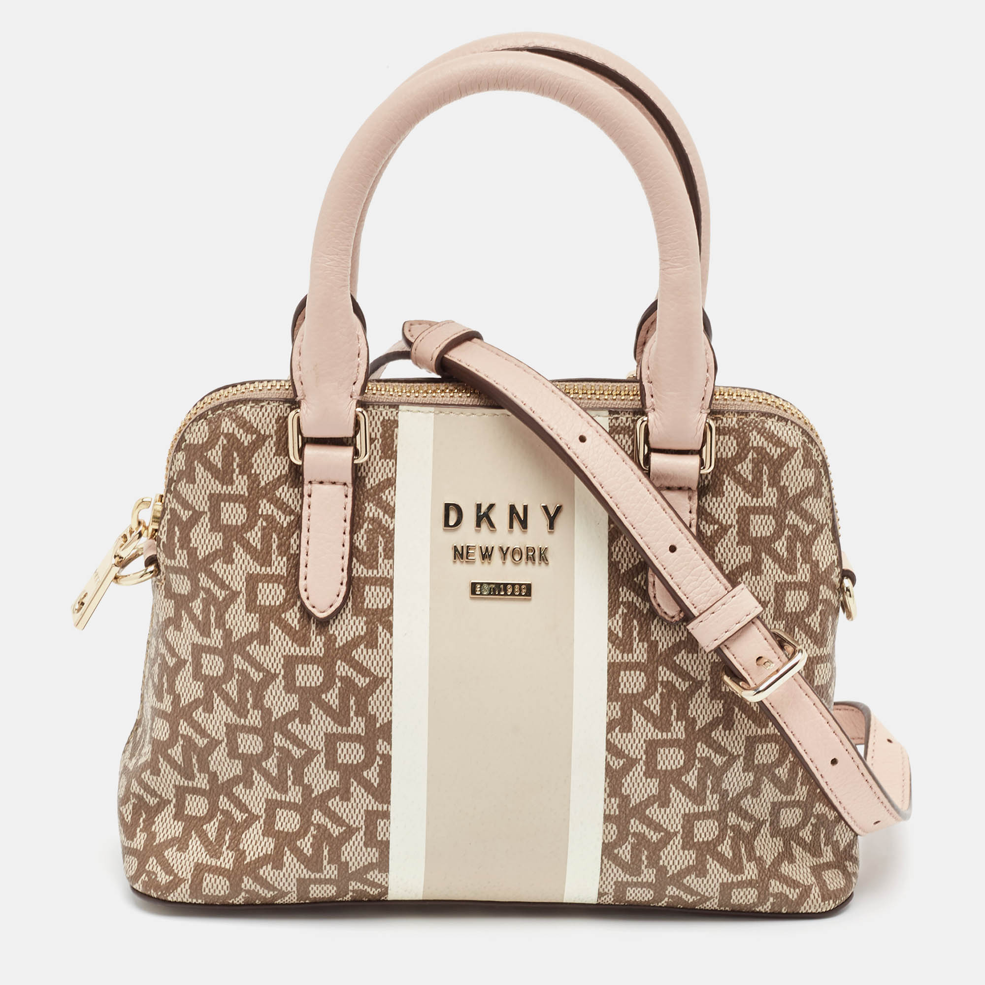 

Dkny Pink/Beige Signature Coated Canvas and Leather Stripe Dome Satchel