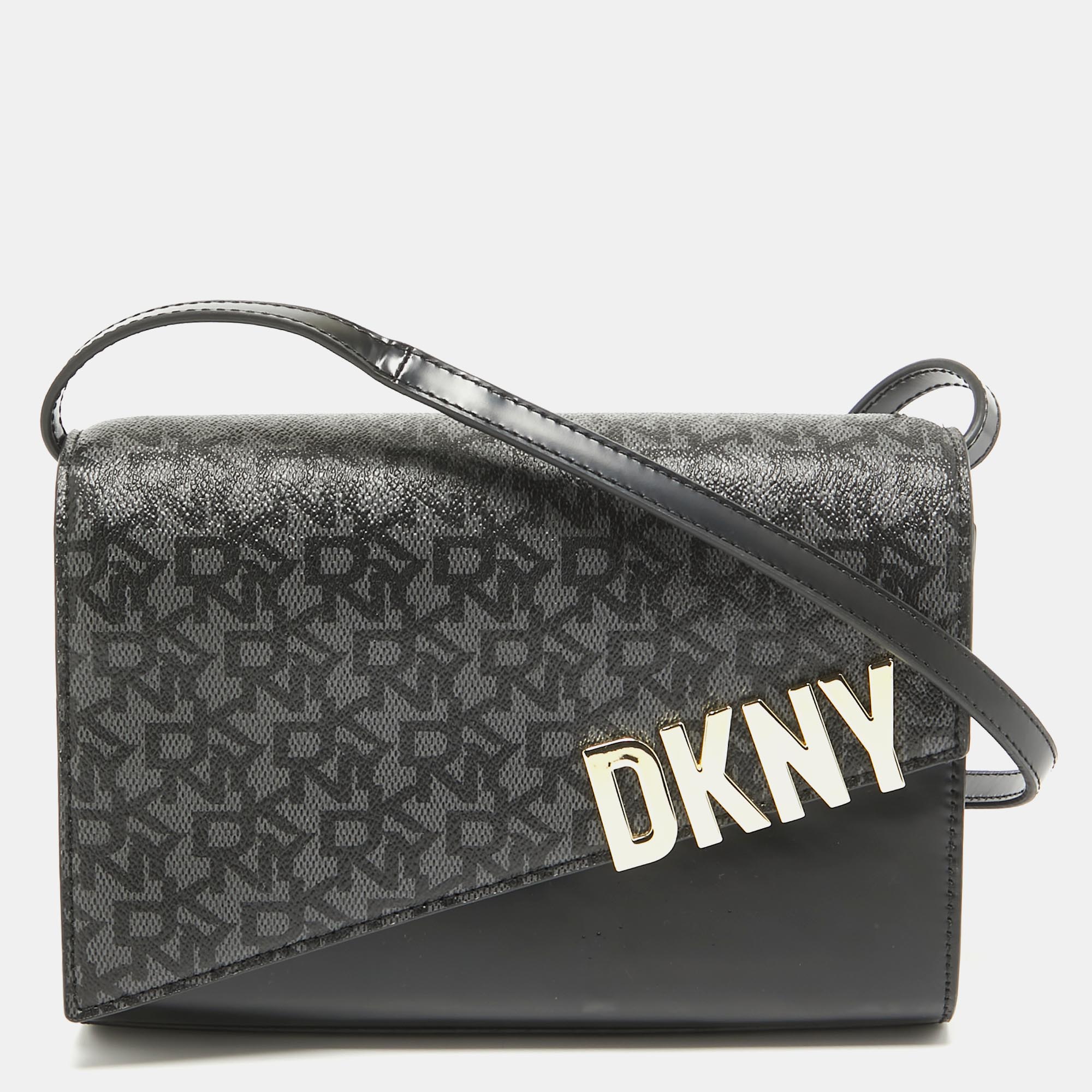 Pre-owned Dkny Black Monogram Coated Canvas And Glossy Leather Logo Flap Crossbody Bag