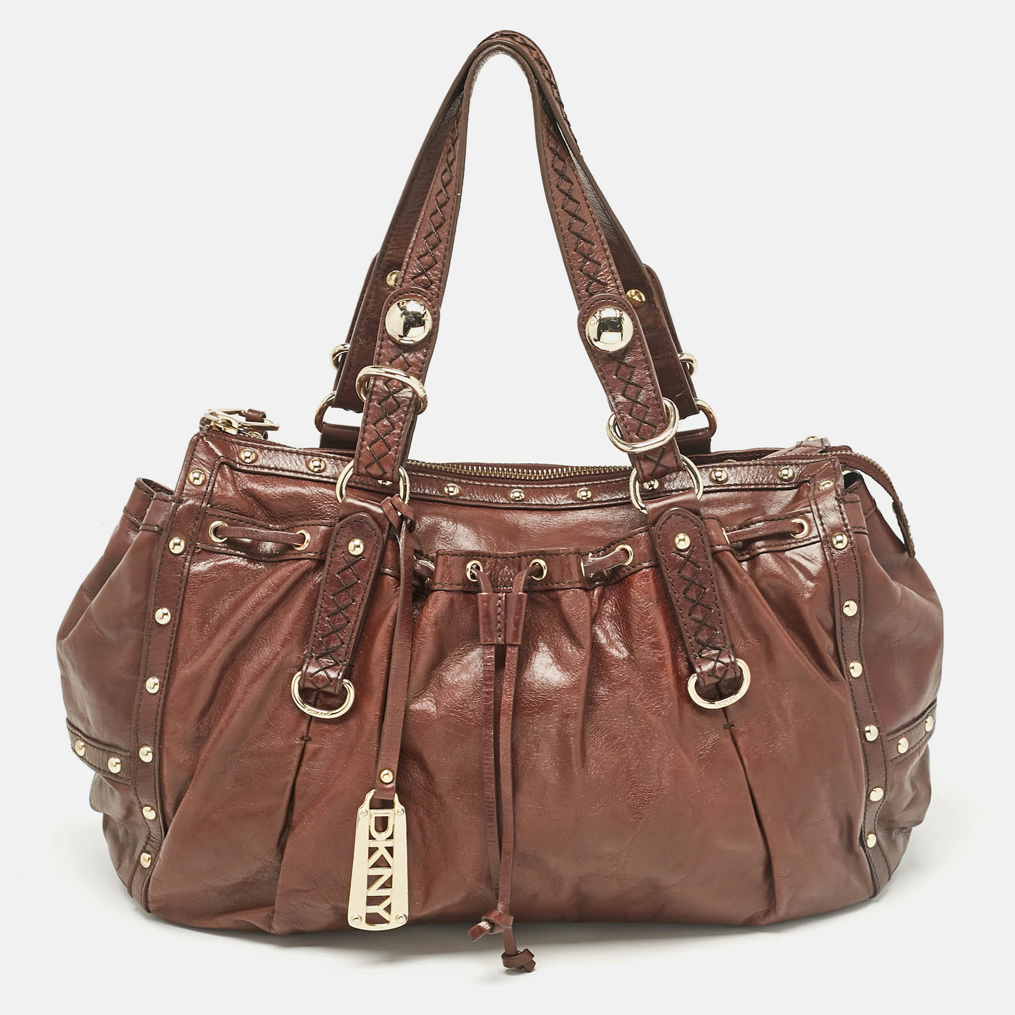 

DKNY Dark Brown Leather Studded Drawstring Tote