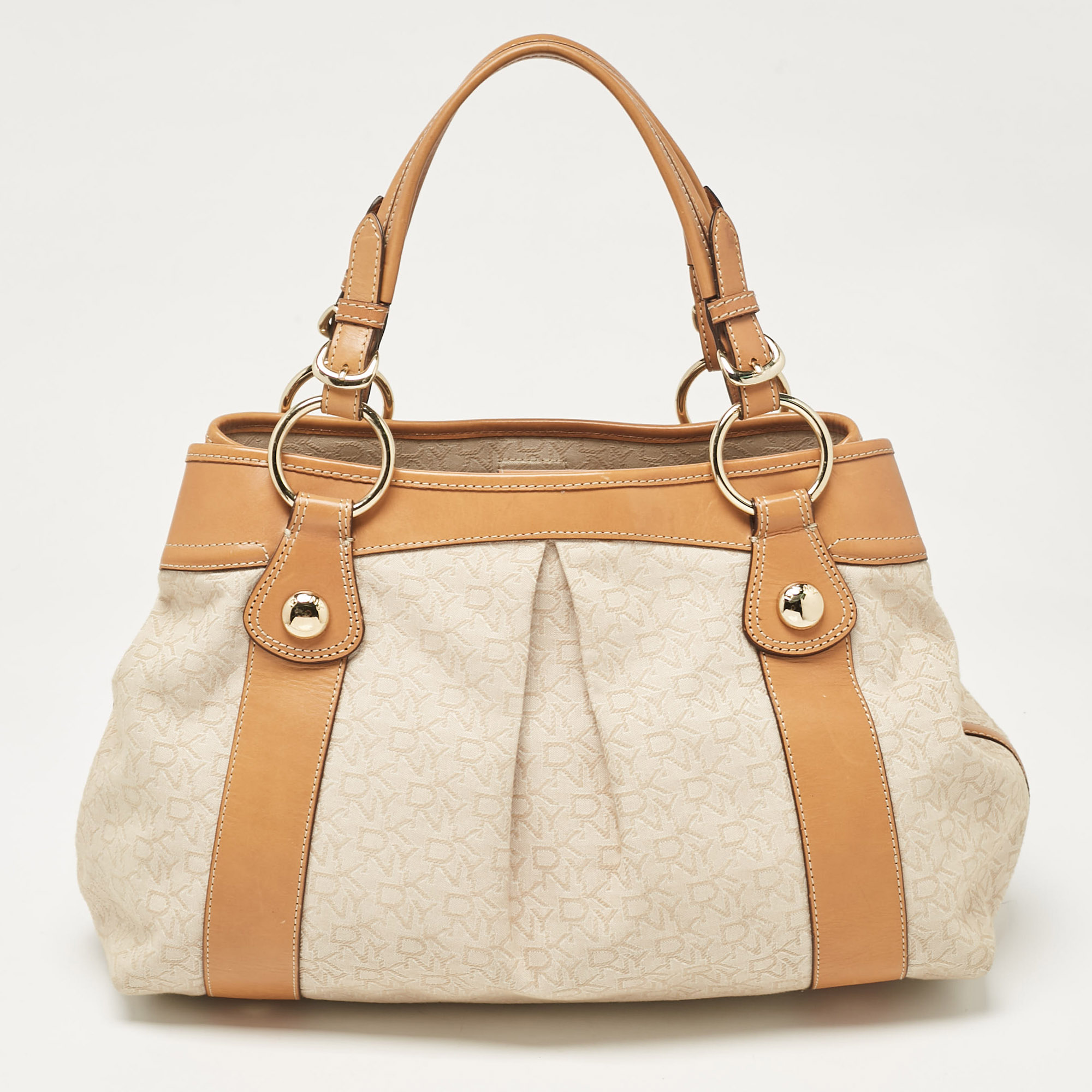 

DKNY Beige/Brown Monogram Canvas and Leather Front Zip Tote