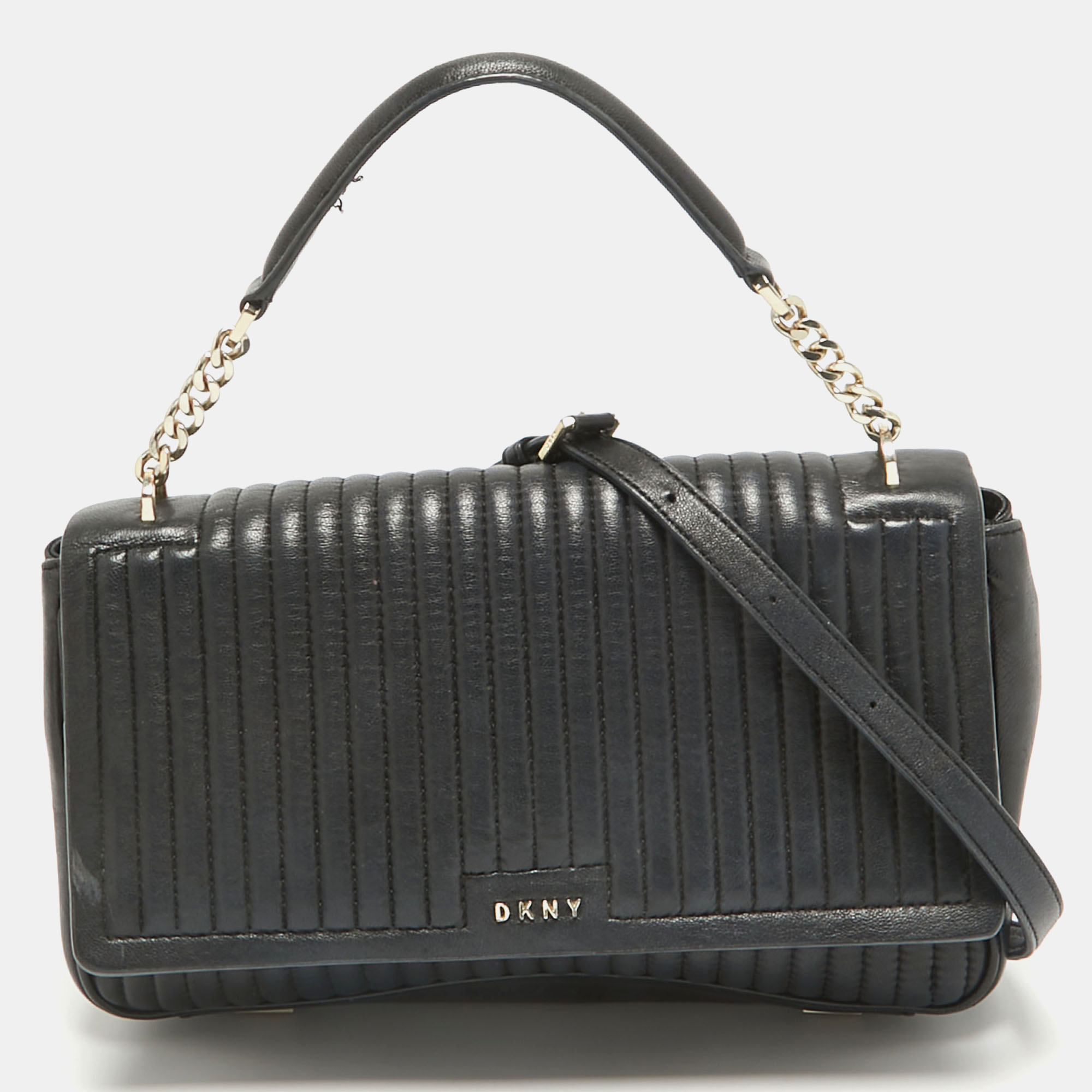 Pre-owned Dkny Black Pinstripe Quilted Leather Gansevoort Top Handle Bag