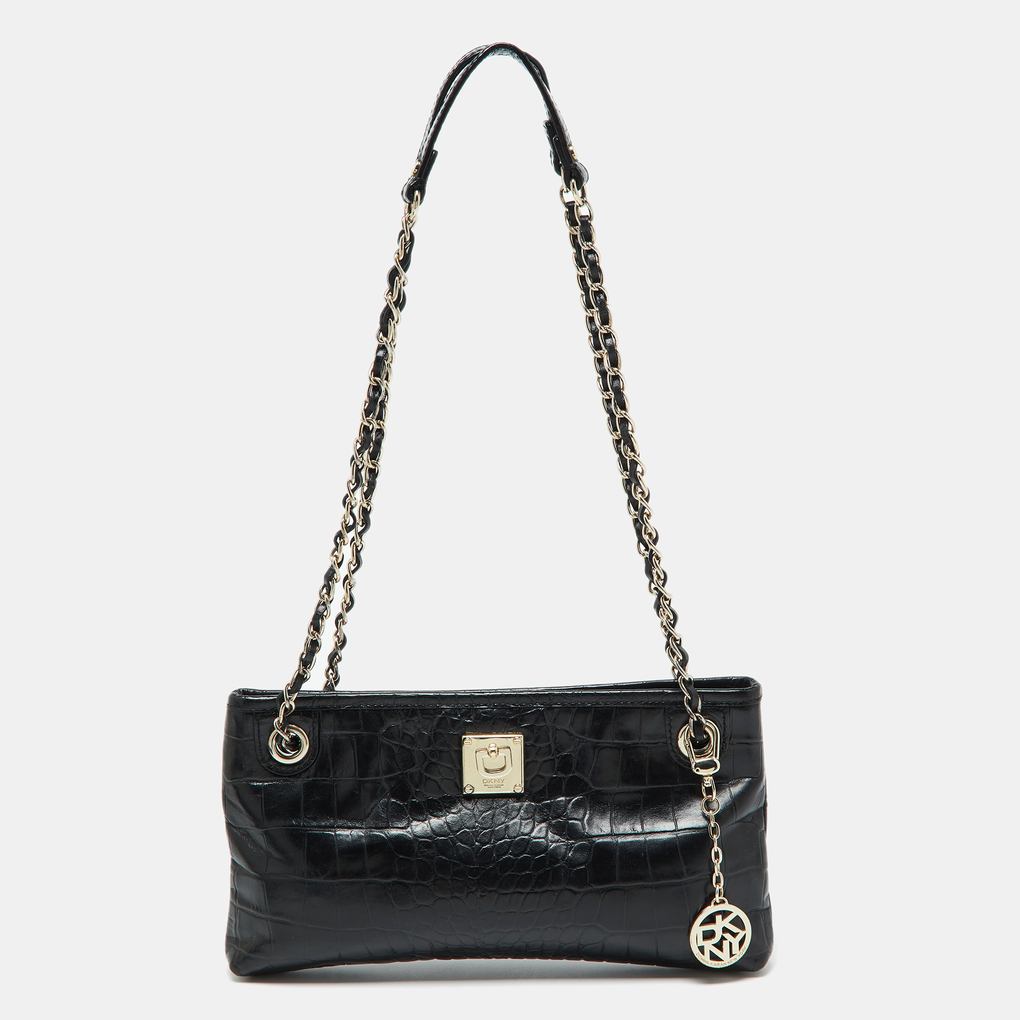 

DKNY Black Croc Embossed Leather Shoulder Bag