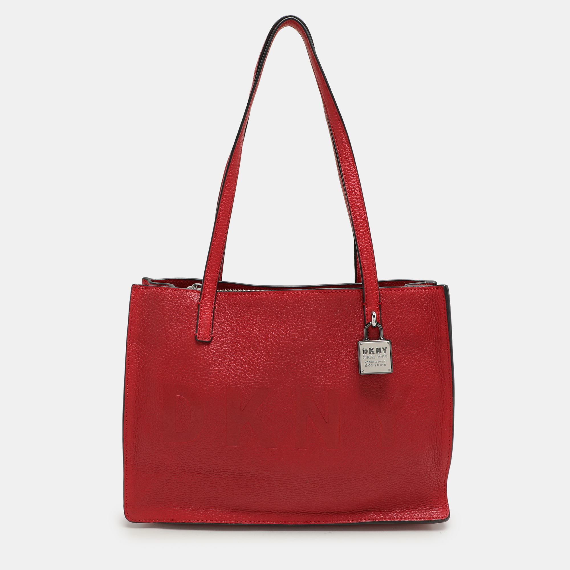 

Dkny Red Leather Logo Embossed Tote