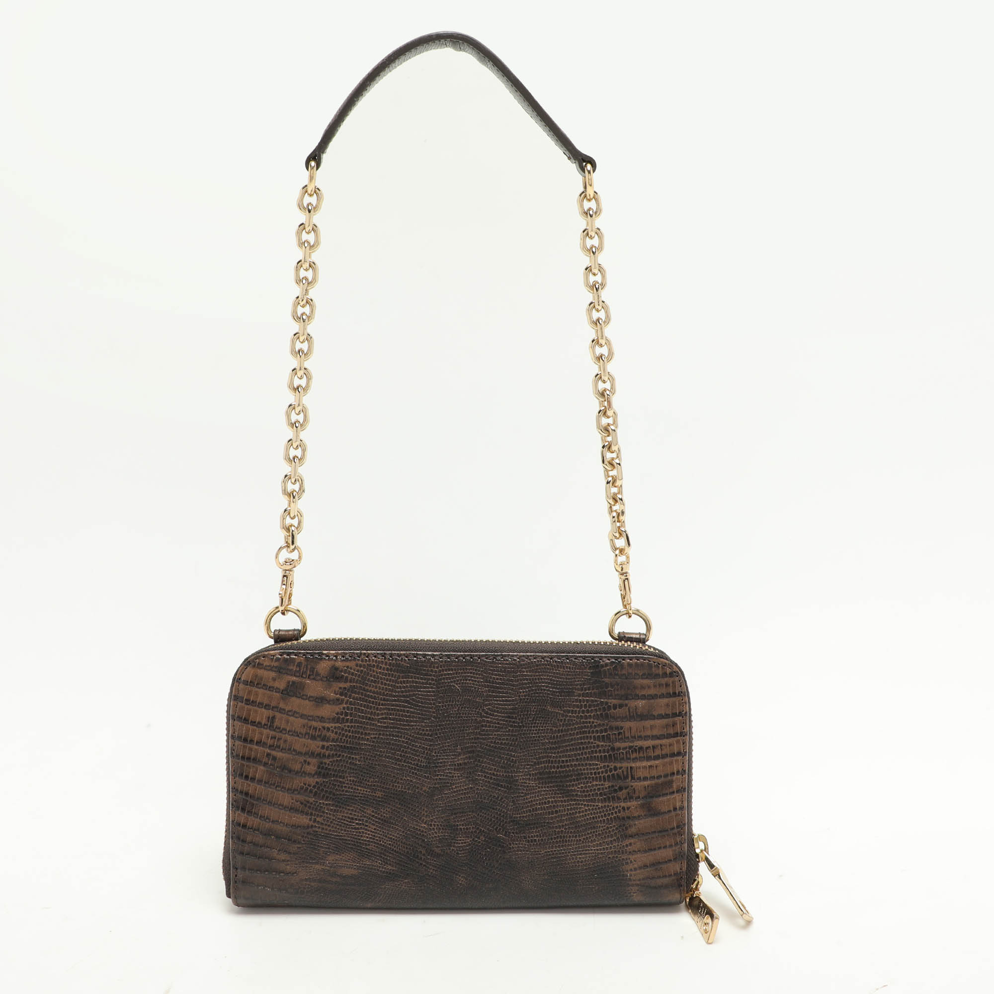 Dkny Brown Lizard Embossed Leather Chain Clutch 