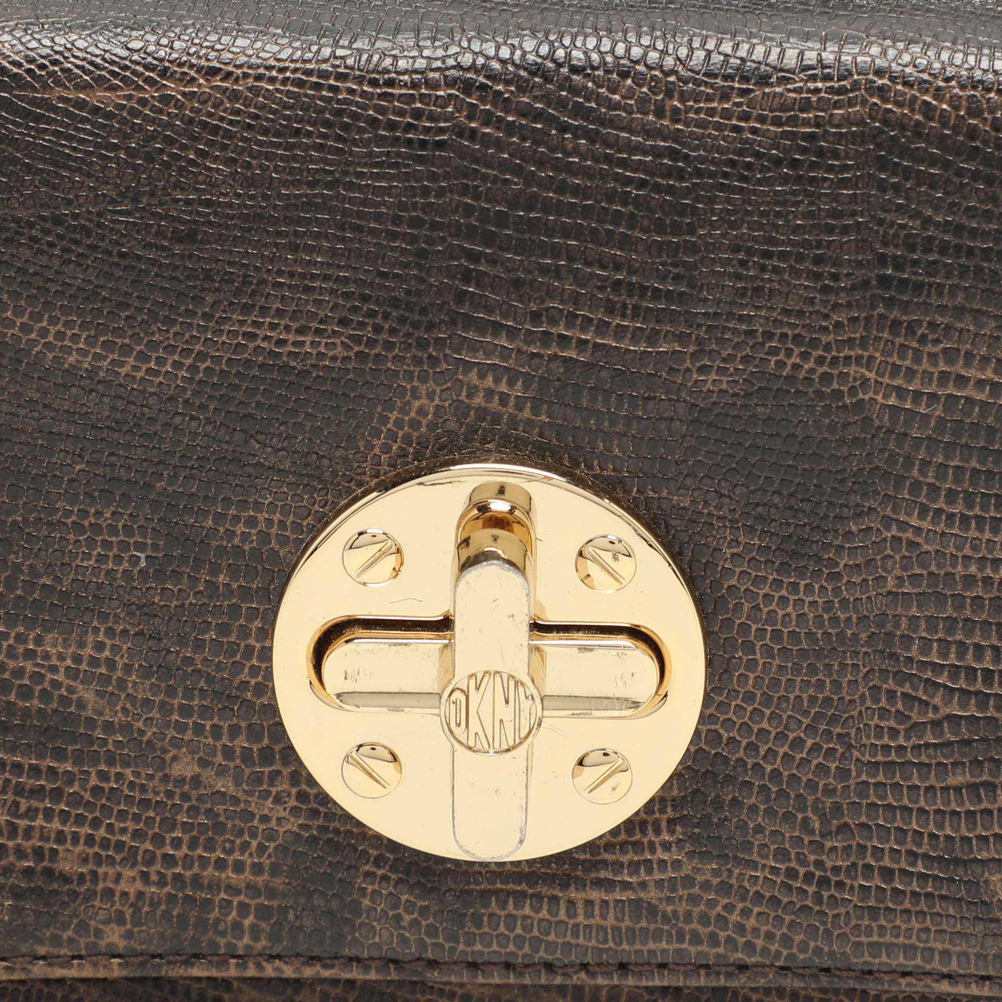Dkny Brown Lizard Embossed Leather Chain Clutch 