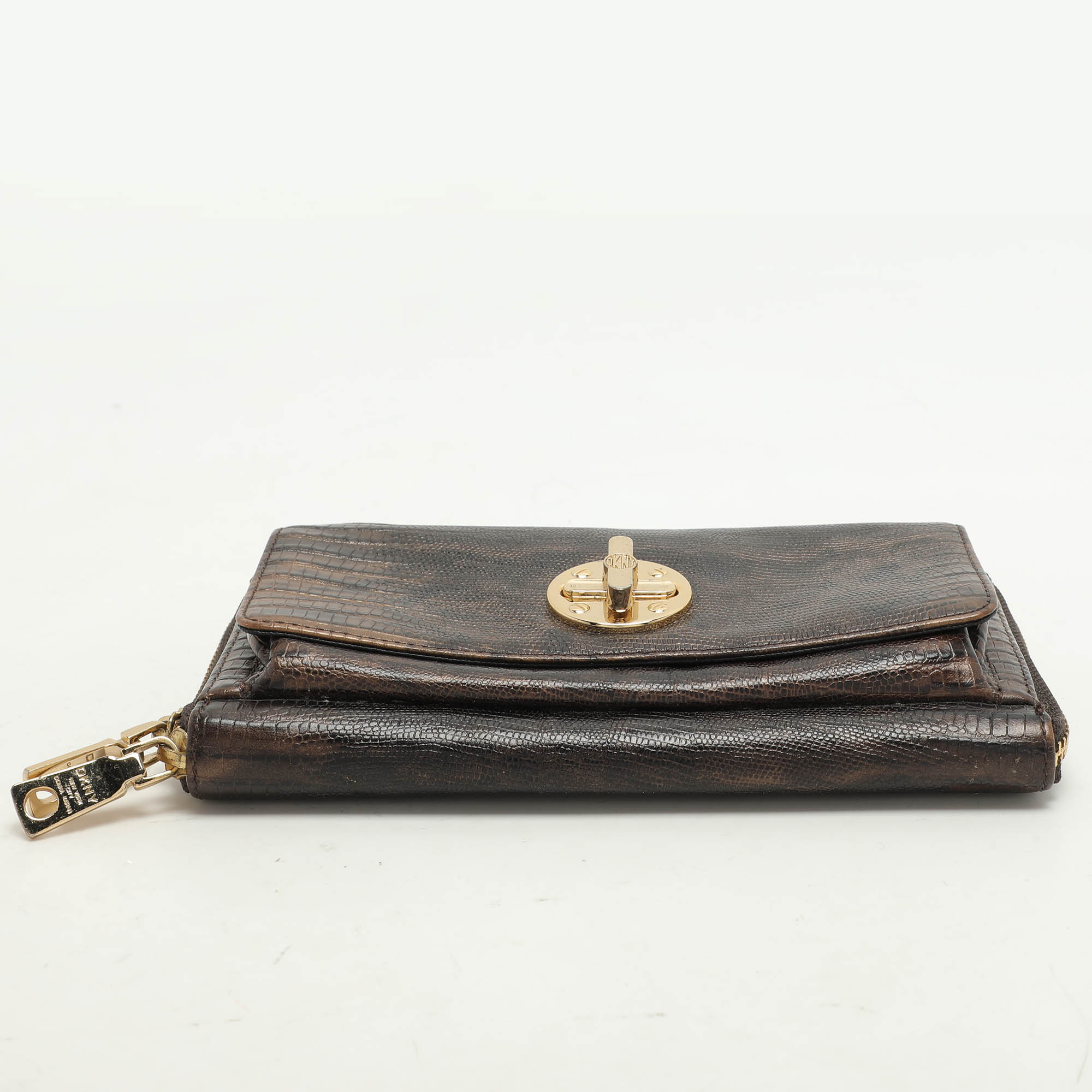 Dkny Brown Lizard Embossed Leather Chain Clutch 