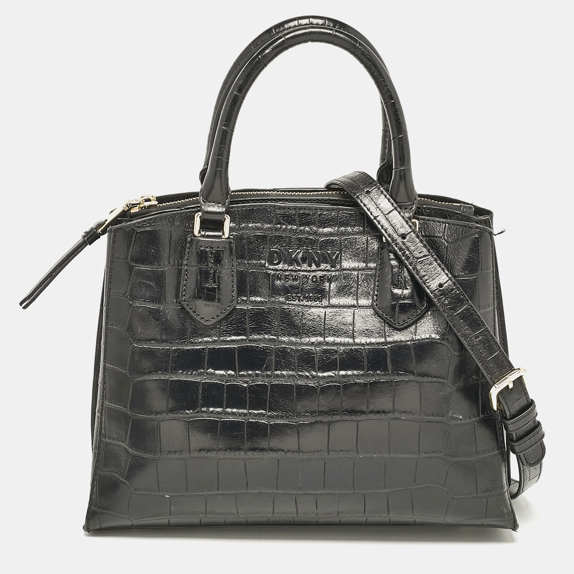 

DKNY Black Croc Embossed Leather Logo Satchel