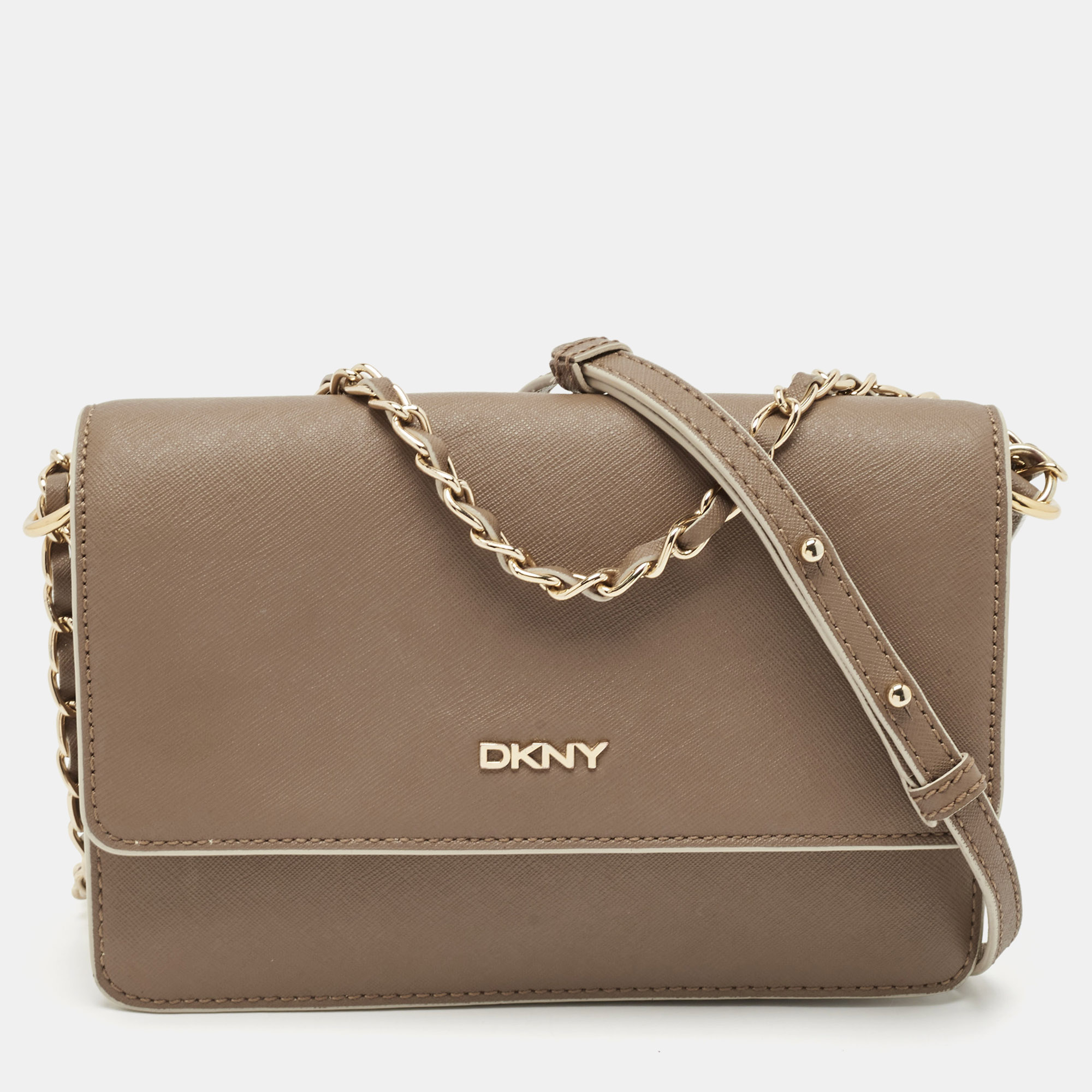 

DKNY Beige Saffiano Leather Flap Chain Shoulder Bag