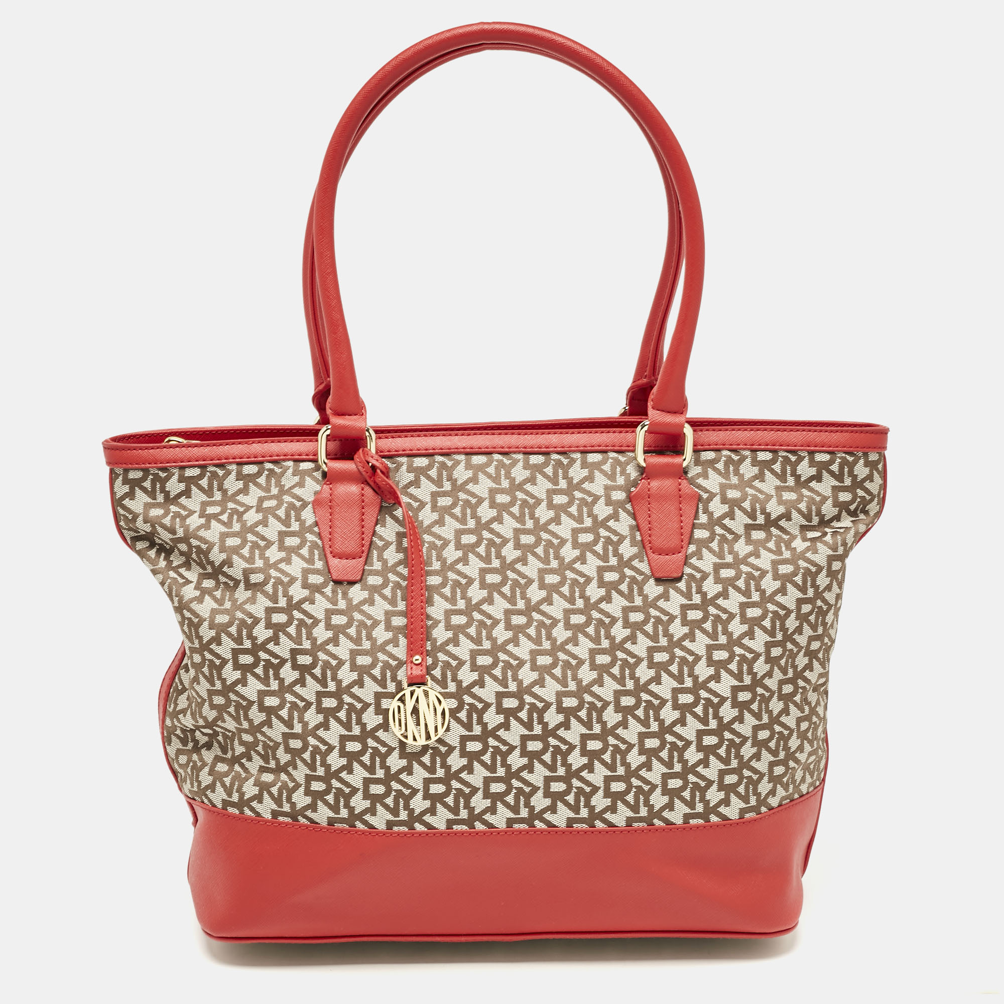 

DKNY Red/Beige Signature Canvas and Leather Zip Tote