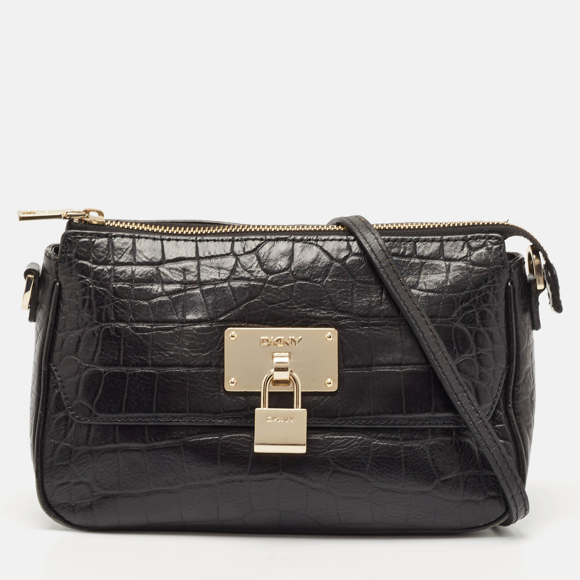 

DKNY Black Croc Embossed Leather Padlock Crossbody Bag