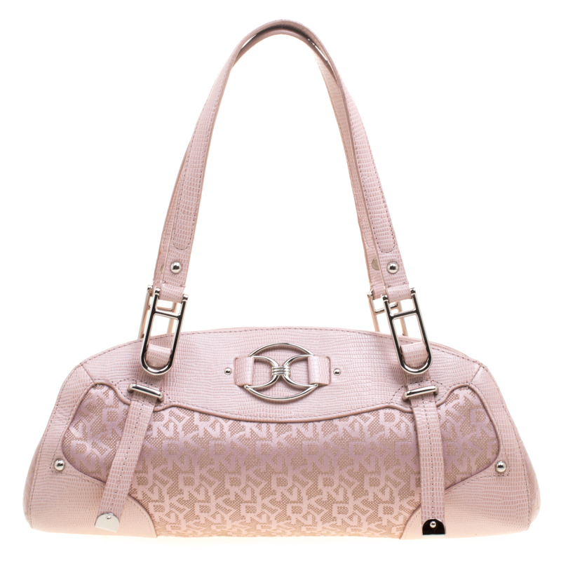 DKNY Metallic Pink Lizard Embossed Leather and Canvas Satchel