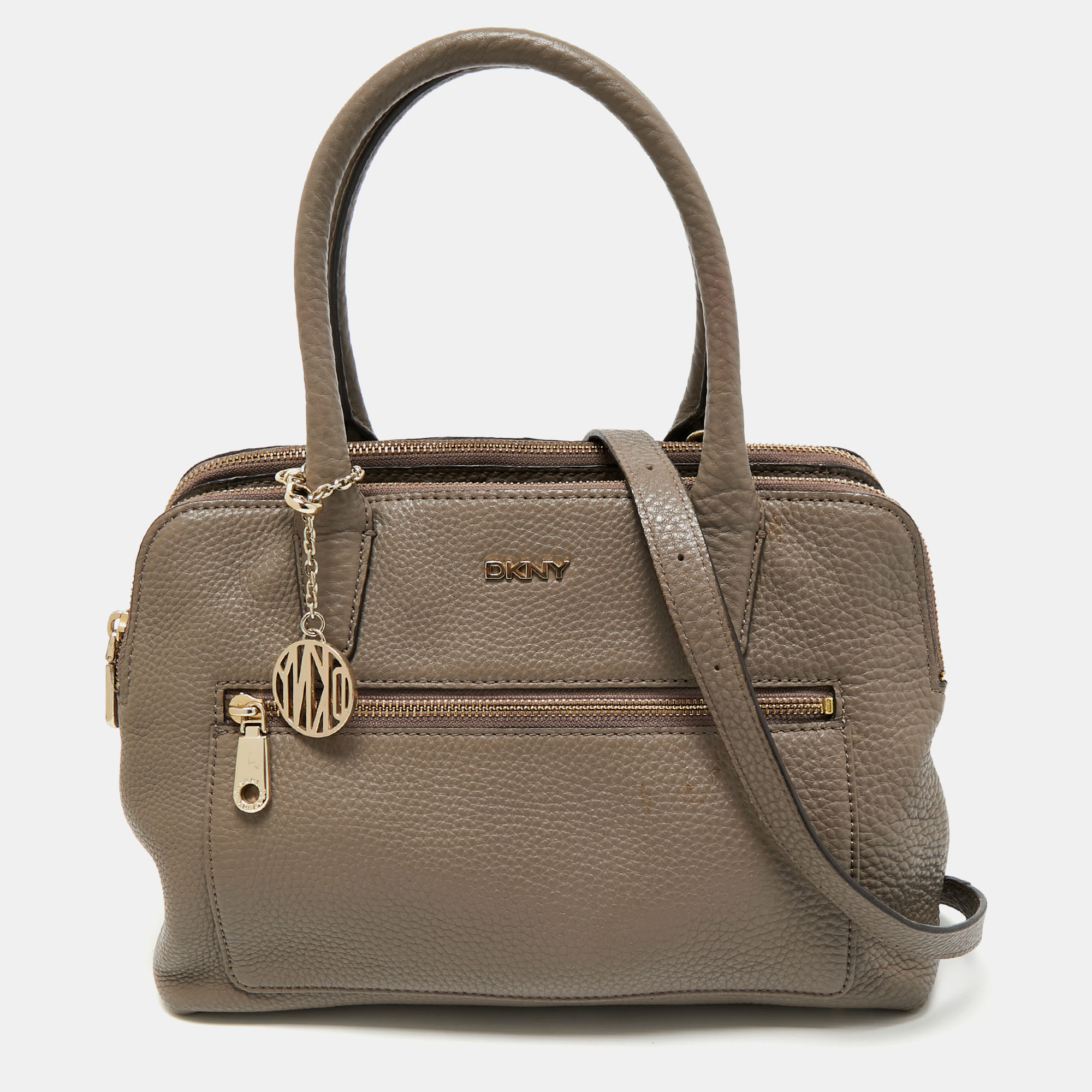 

DKNY Taupe Grey Leather Double Zip Satchel