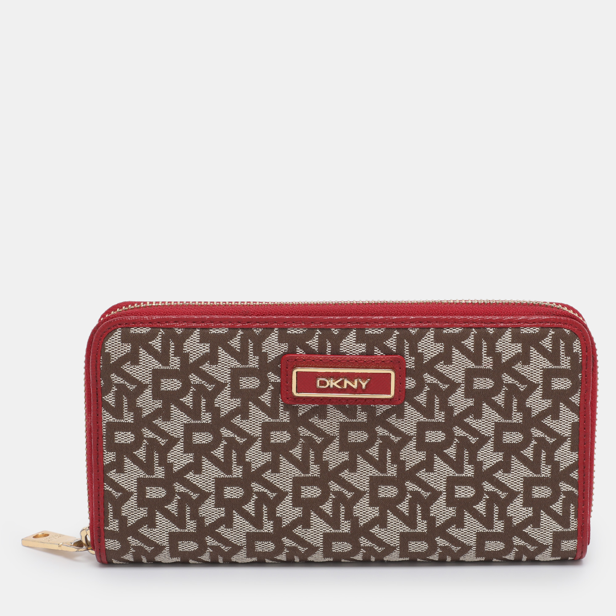 

DKNY Beige/Red Canvas and Leather Zip Around Wallet