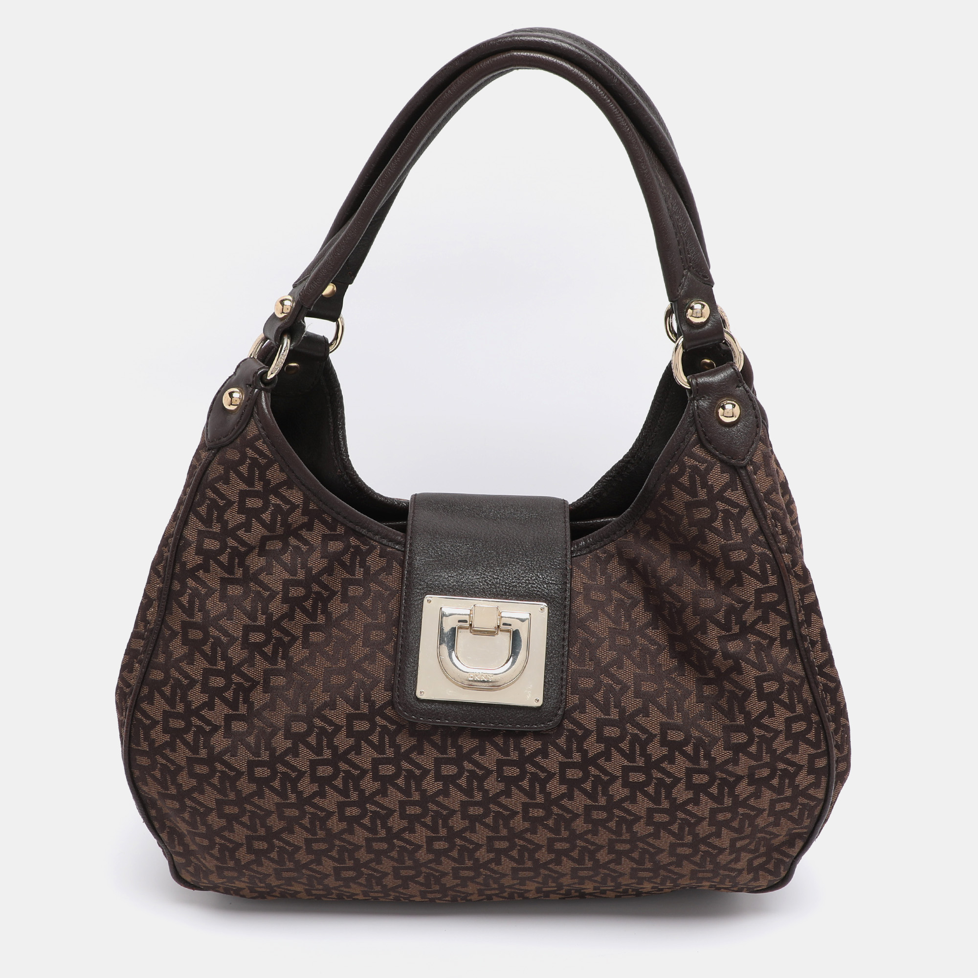 Pre-owned Dkny Brown Signature Canvas And Leather D Buckle Hobo