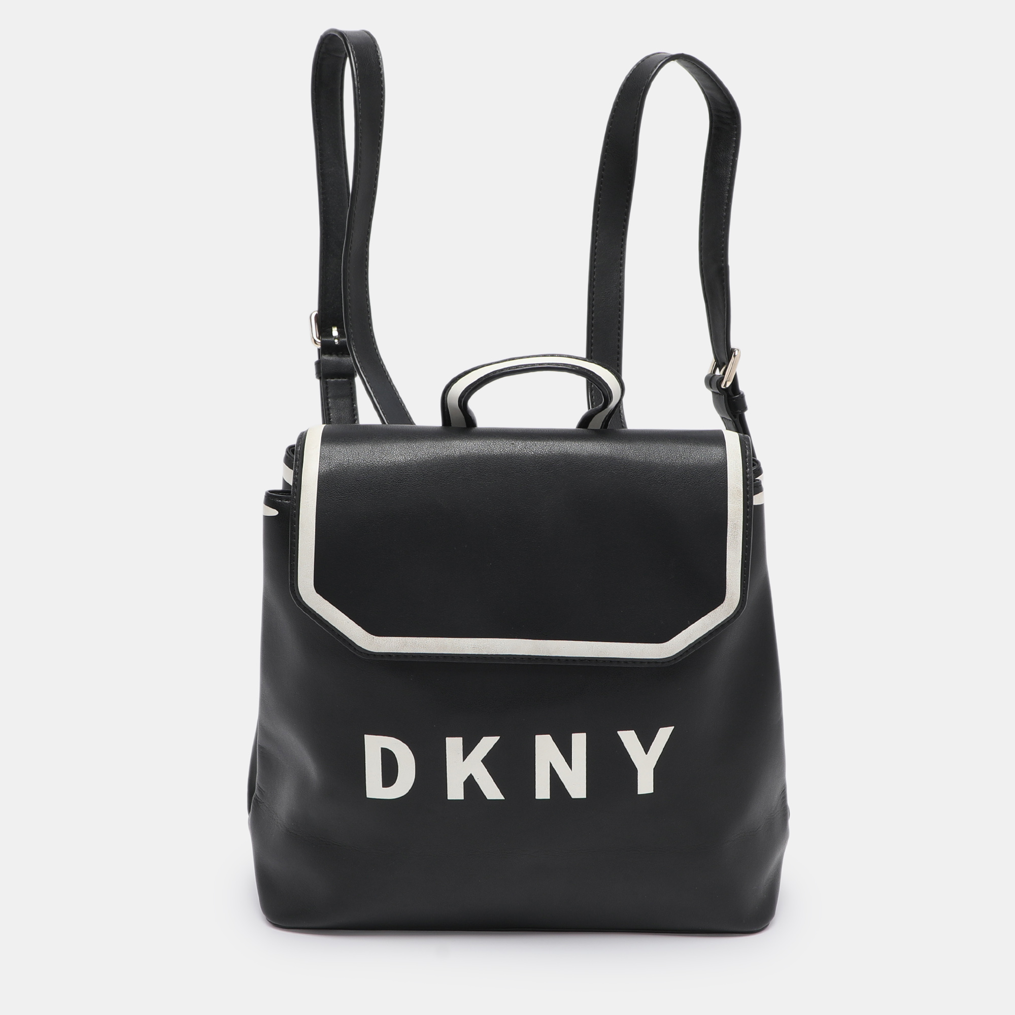 

DKNY Black Leather Logo Print Jade Flap Backpack