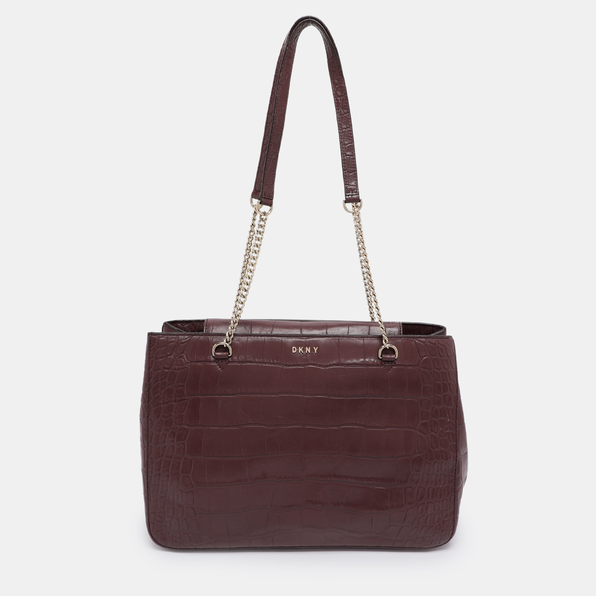 

DKNY Burgundy Croc Embossed Leather Chain Tote