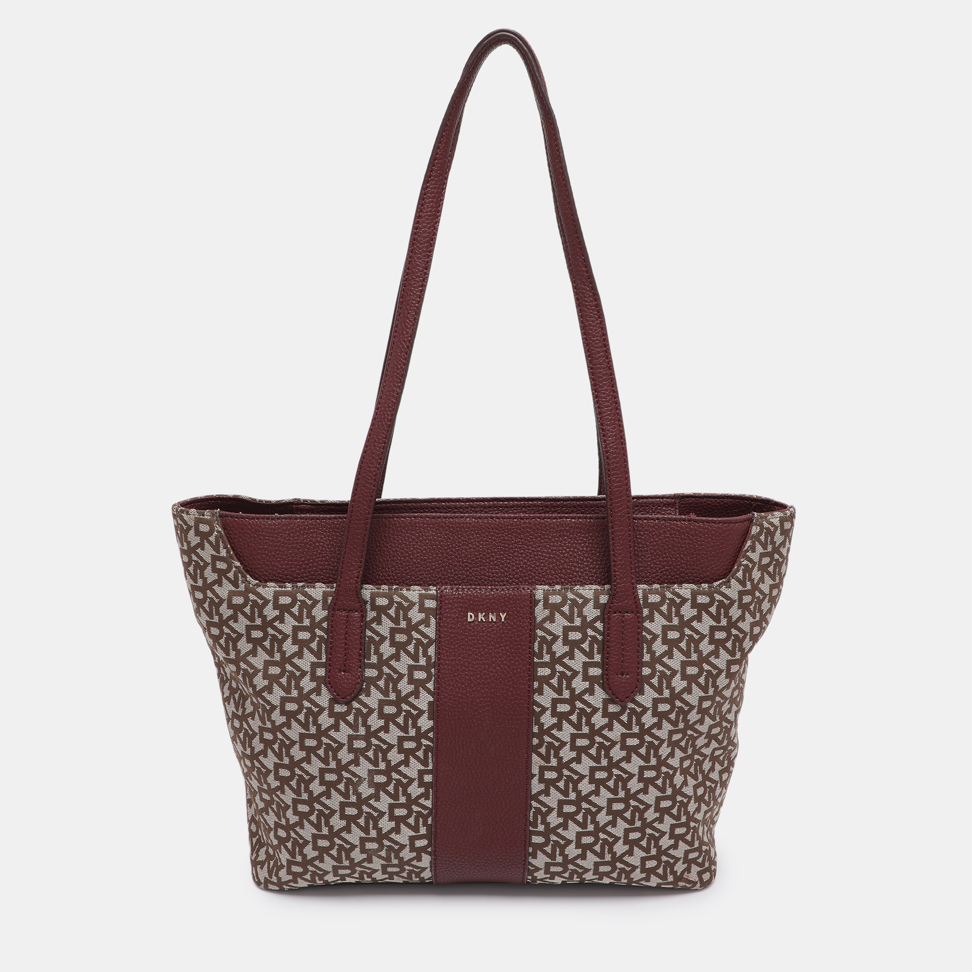 Pre-owned Dkny Beige/burgundy Canvas And Leather Tote In Sand