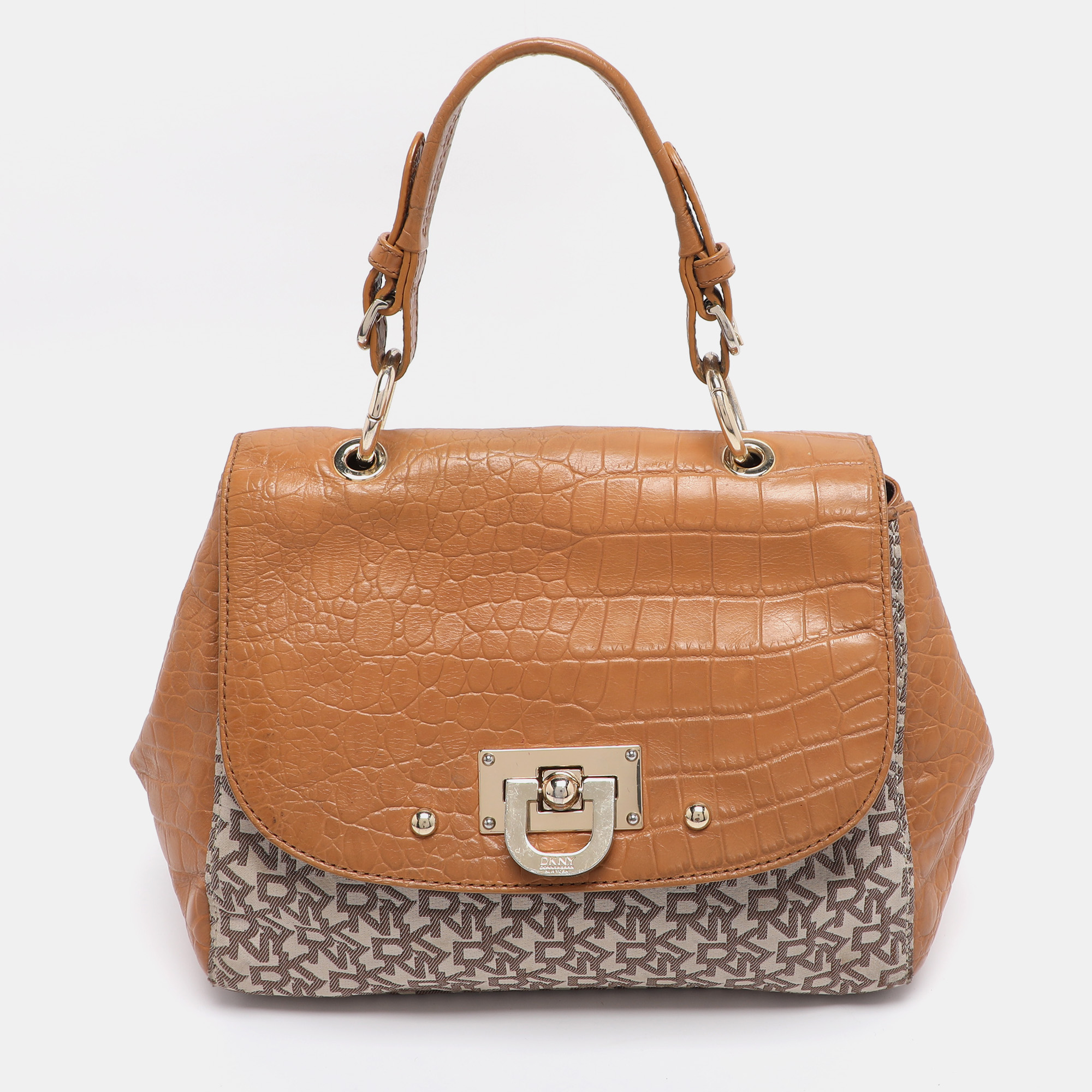 

DKNY Beige/Tan Canvas and Croc Embossed Leather Top Handle Bag