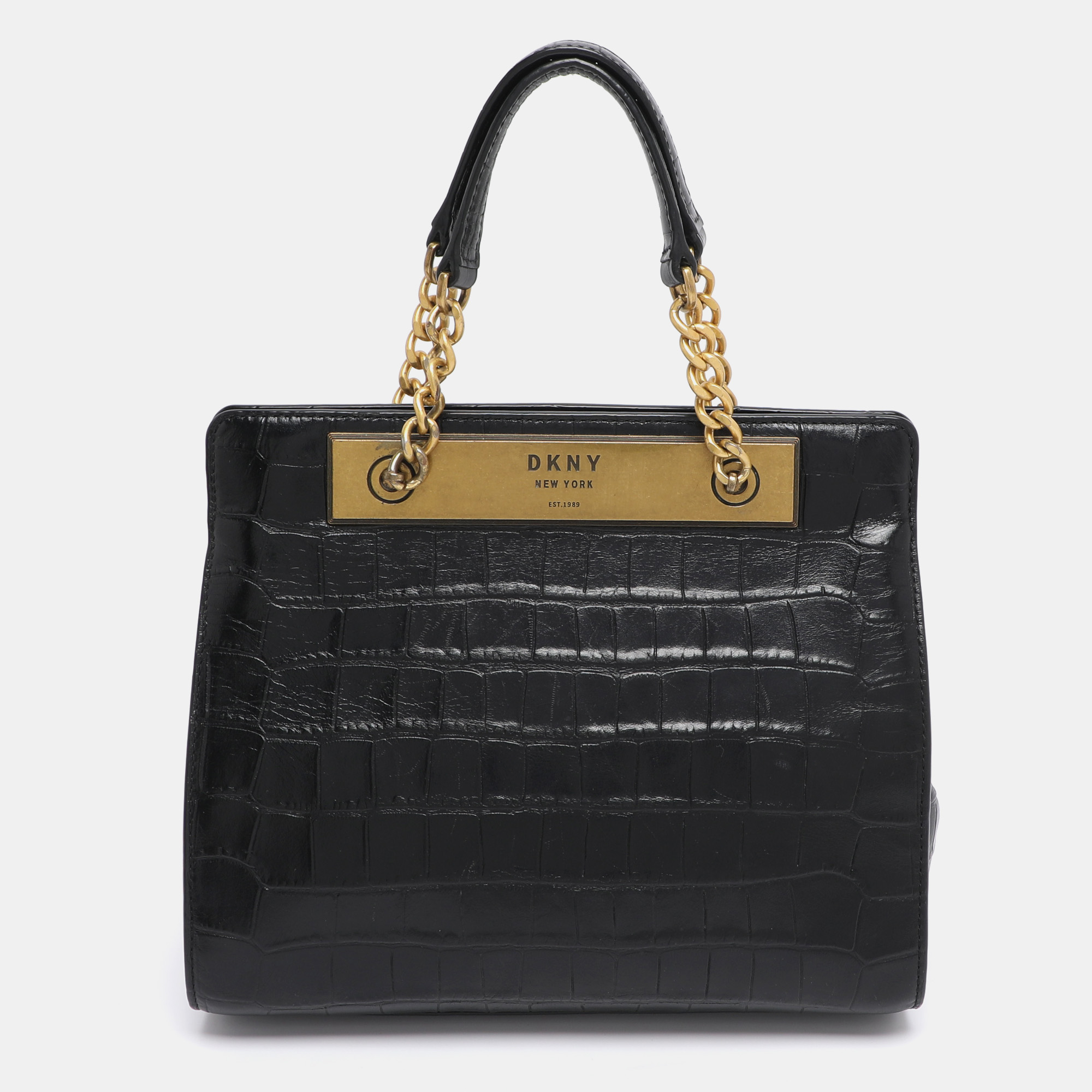 DKNY Black Croc Embossed Leather Cooper Satchel