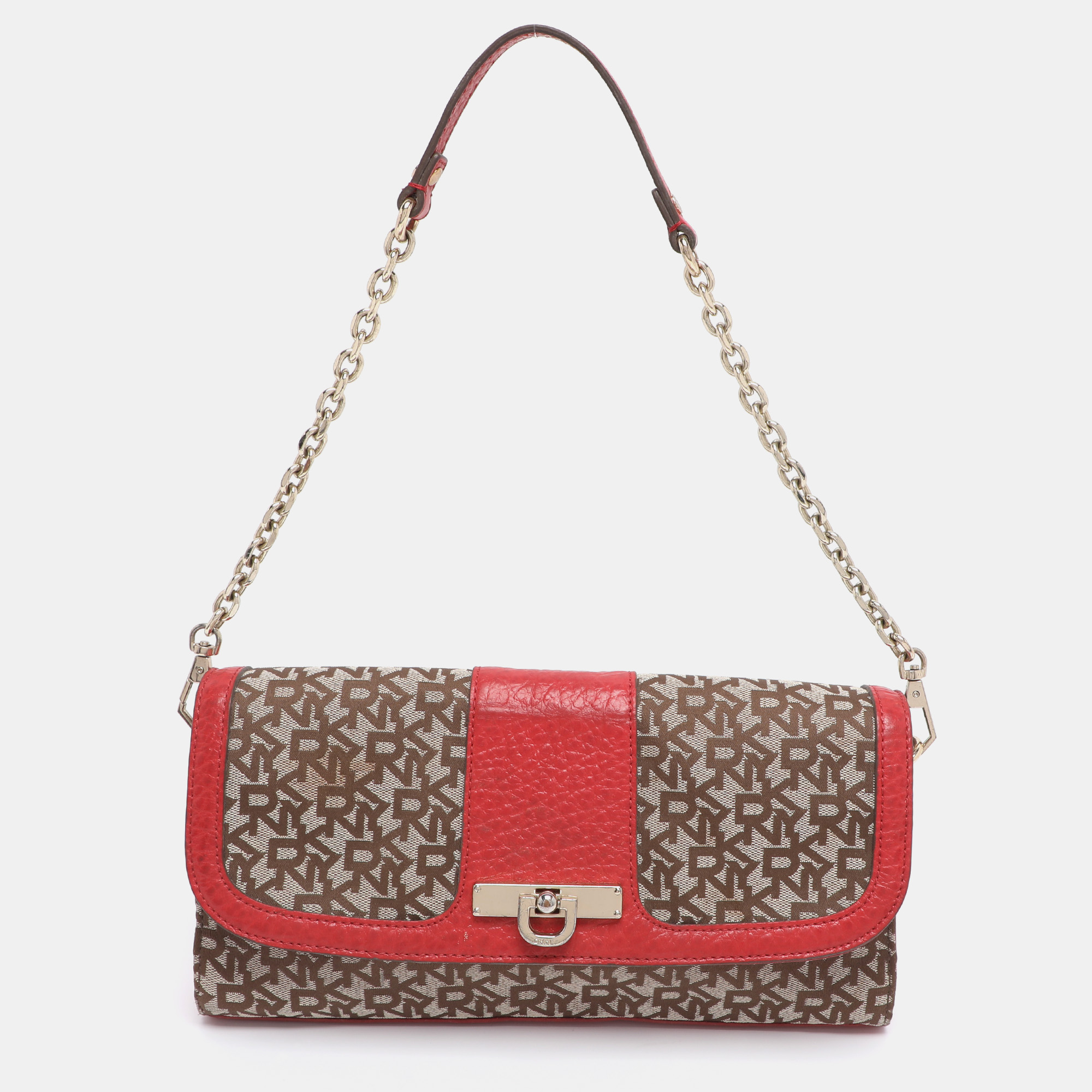 

DKNY Beige/Red Canvas and Leather Chain Shoulder Bag